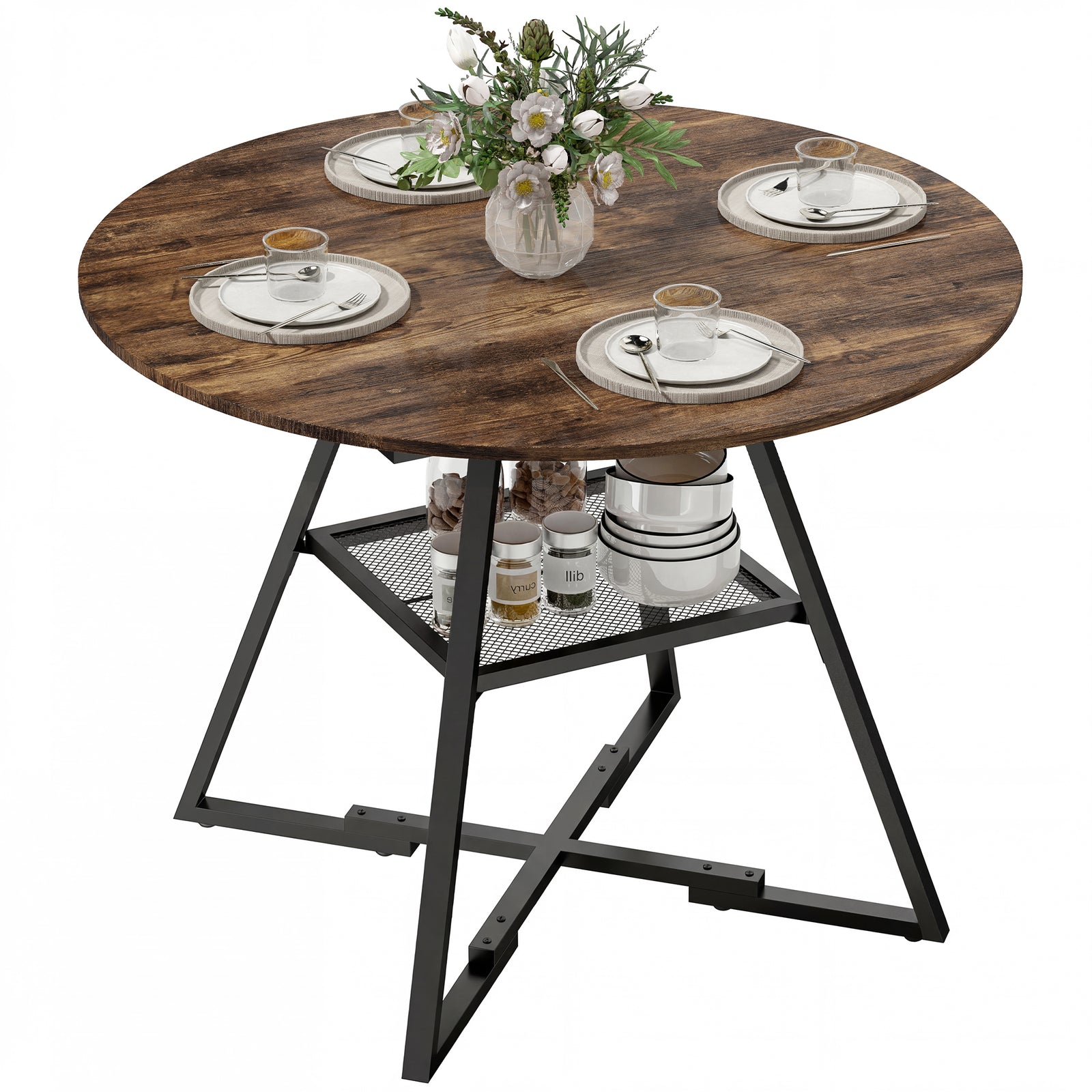 HOMCOM Round Dining Table For 4, 100 Cm Kitchen Table W/ Shelf, Rustic Brown
