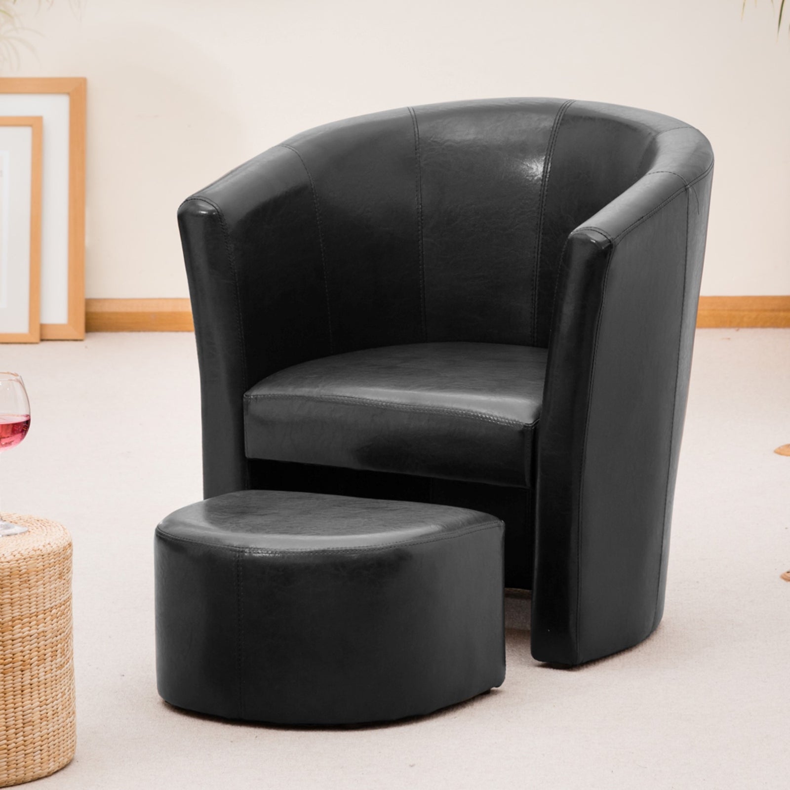 Halewood 70cm Wide Pu Vegan Leather Accent Tub Chair With Integrated Footstool | Black