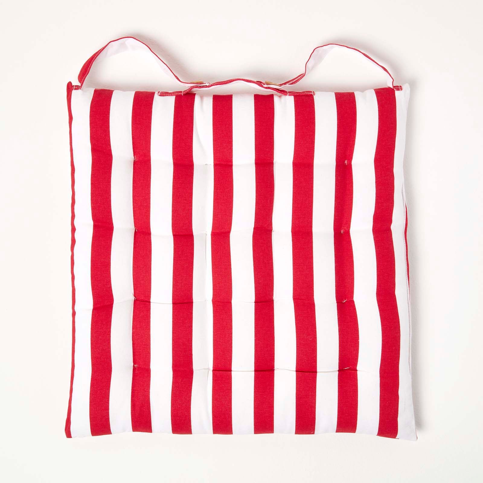 Red Stripe Seat Pad With Button Straps 100% Cotton, 40 X 40 Cm | Set-of-1 | Red