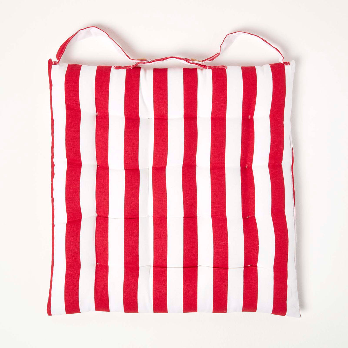 Red Stripe Seat Pad With Button Straps 100% Cotton, 40 X 40 Cm | Set of 1 | Red
