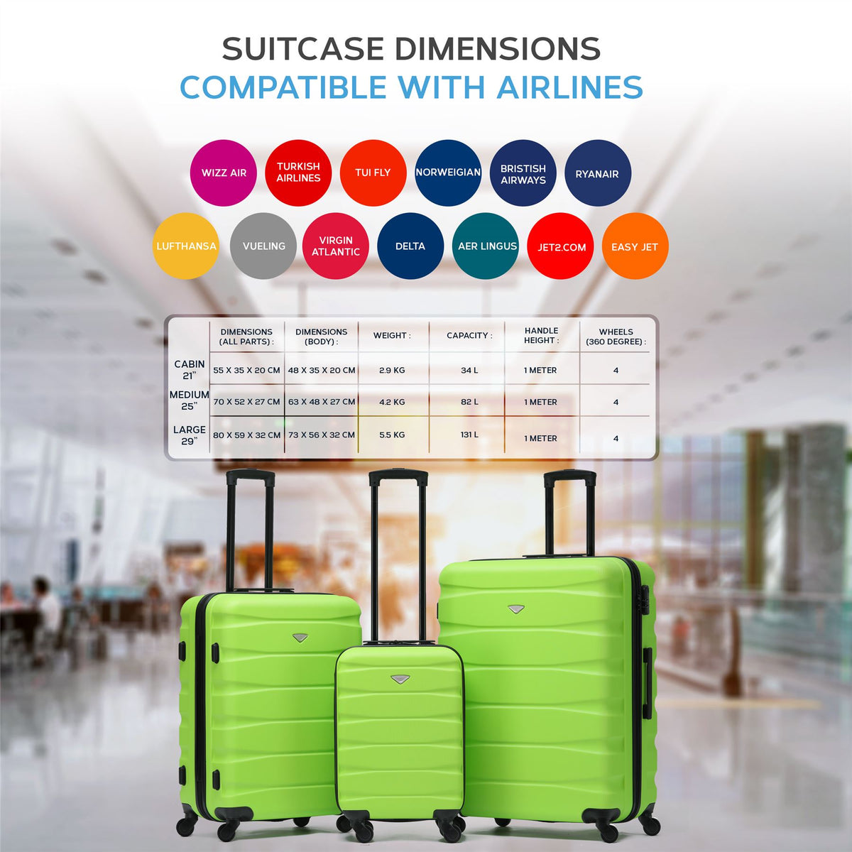 Set Of 3 Hard Shell Suitcase Cabin & Check In Cases With Tsa Lock - Overhead Cabin With Medium & Large Check-in Bag | Set of 3 | Emerald Green