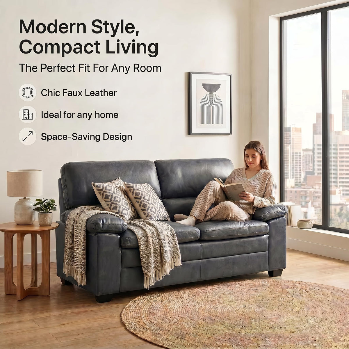 Oxford Faux Leather Sofa 2 Seater | Dark Grey