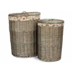Rose Cotton Lined Wicker Antique Wash Round Laundry Baskets | Set of 2 | Pink
