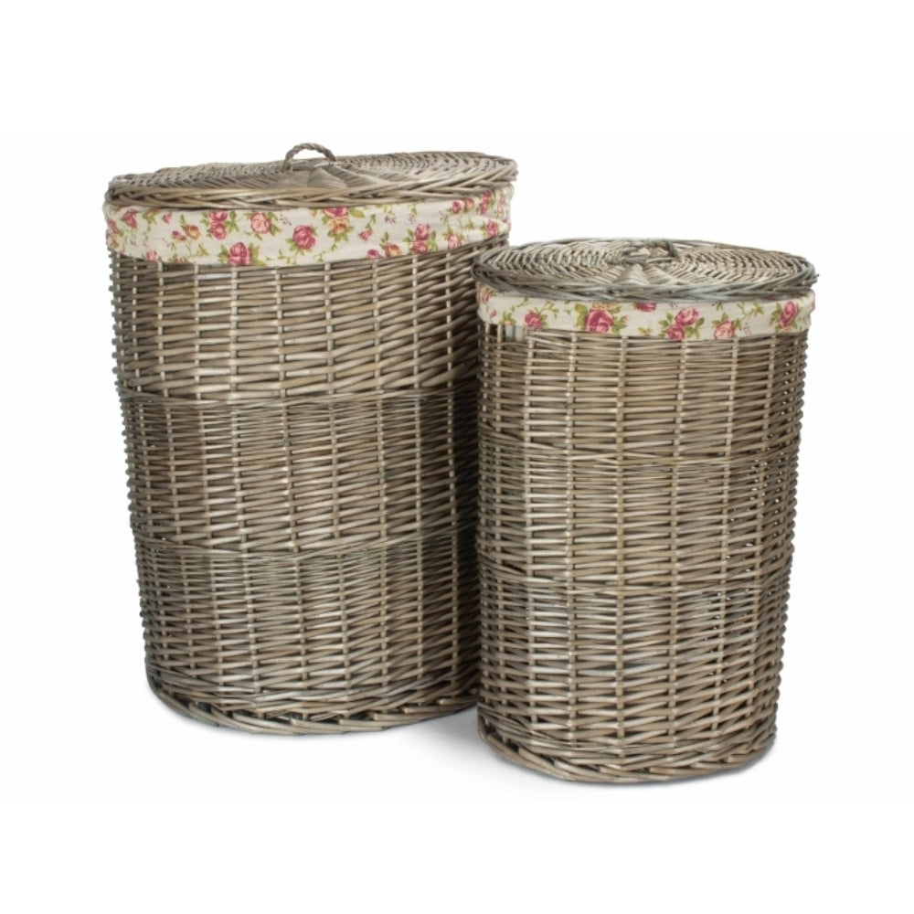 Rose Cotton Lined Wicker Antique Wash Round Laundry Baskets | Set of 2 | Pink