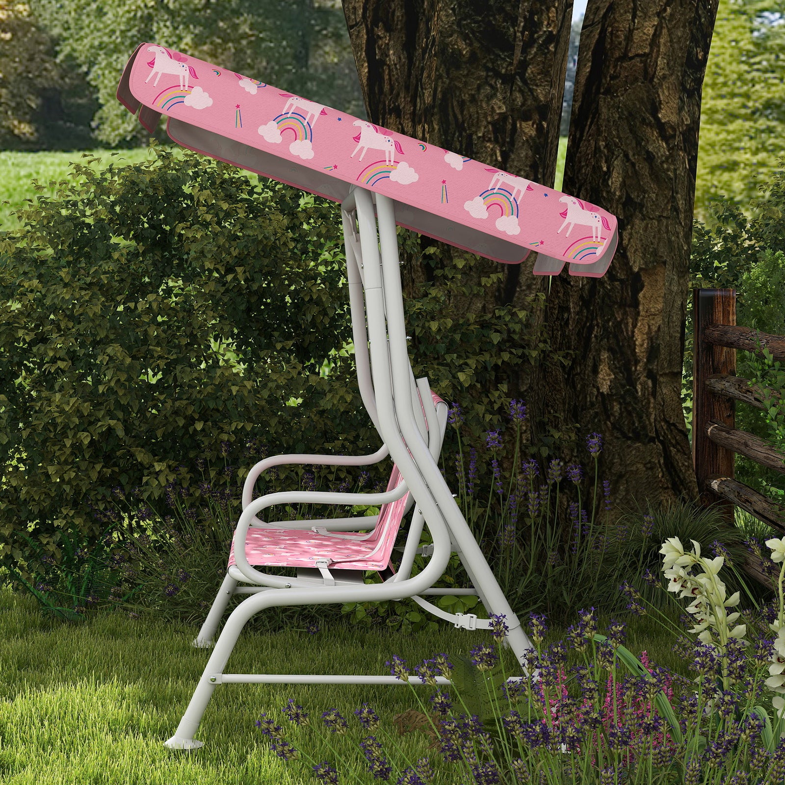 Kids 2-seater Porch Swing With Seat Belts, Adjustable Canopy Pink