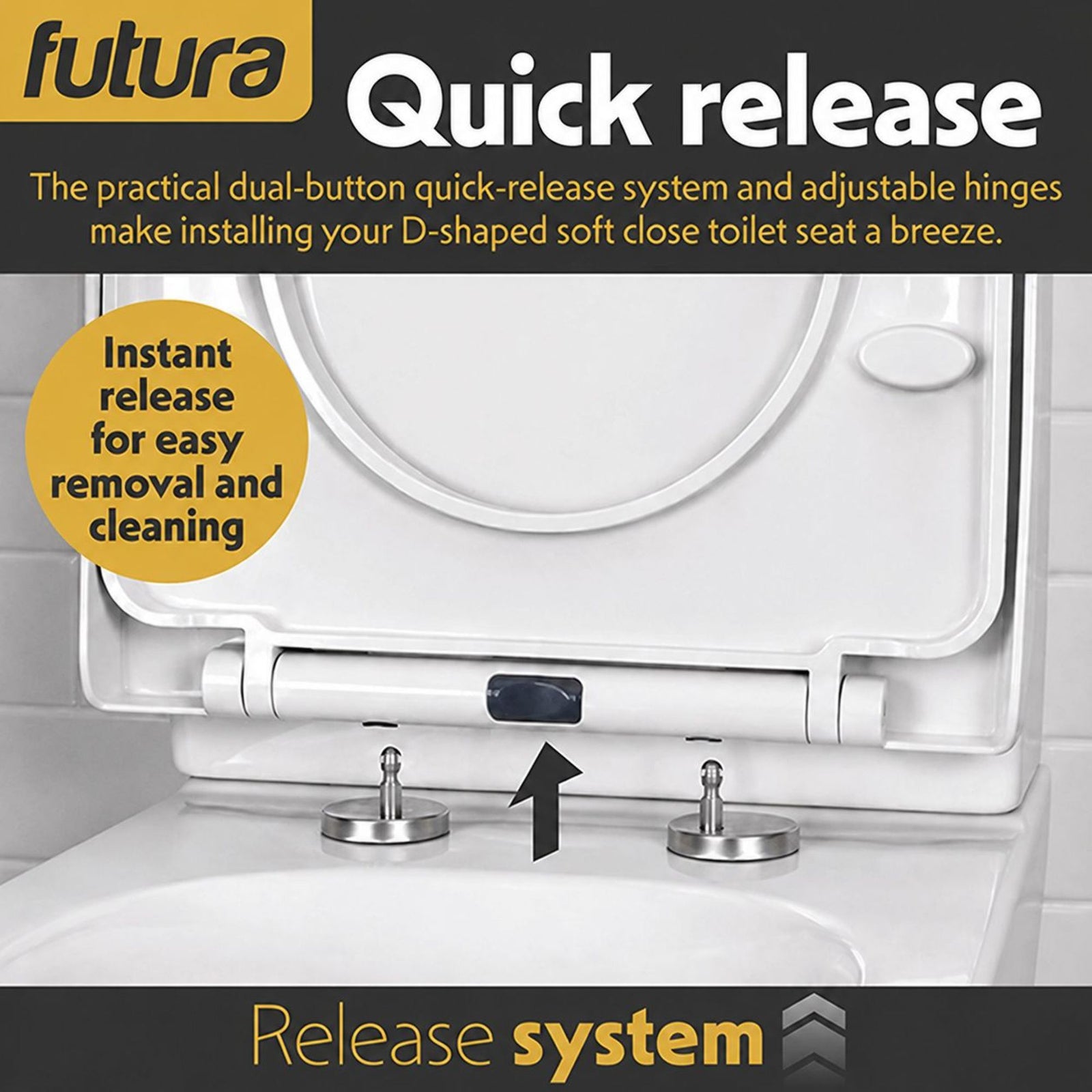Toilet Seat Soft Close D Shape, Premium Thermoplastic, Quick Release, Top & Bottom Fixings | White