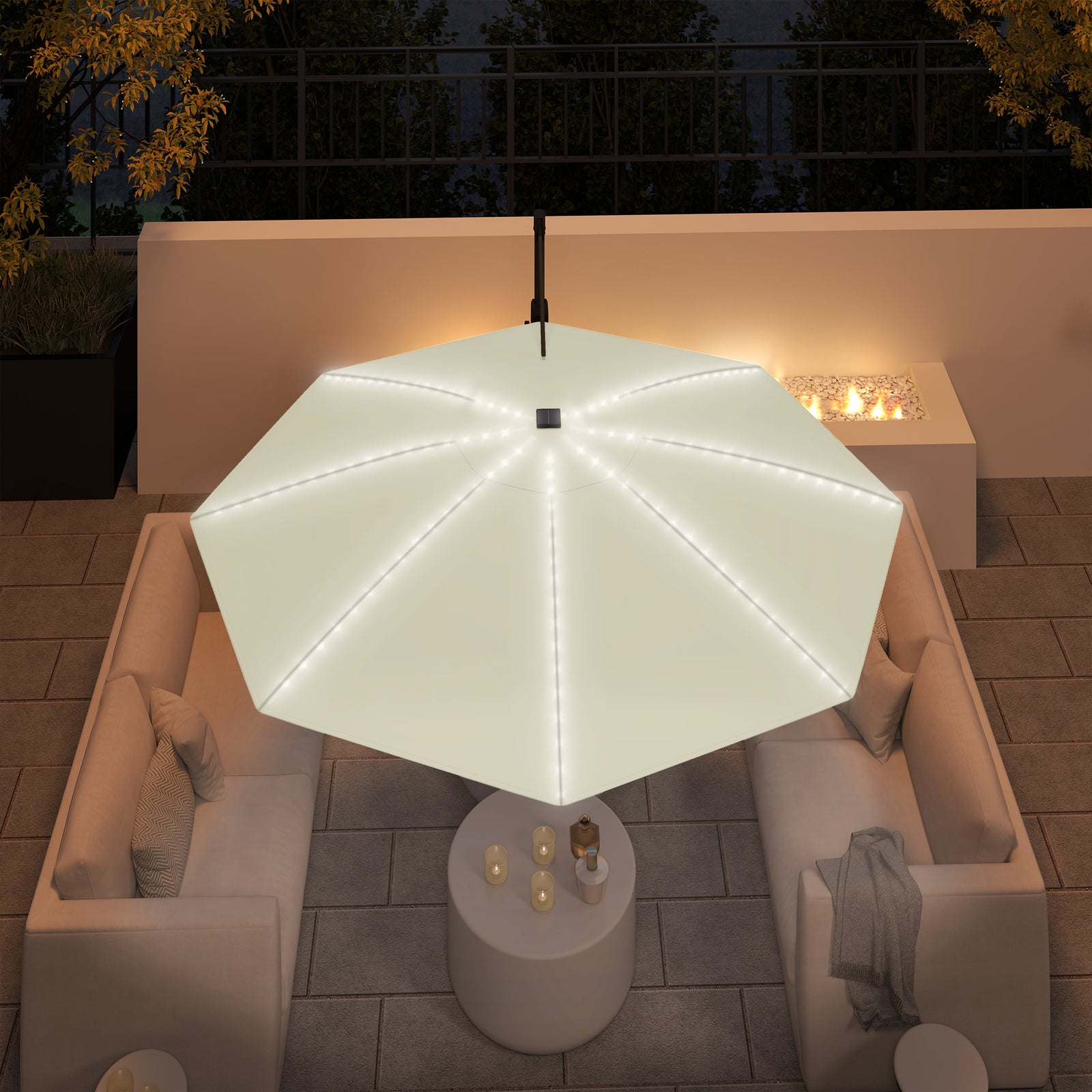 3(m) Garden Parasol W/ Lights, Crank Handle & Cross Base | Cream
