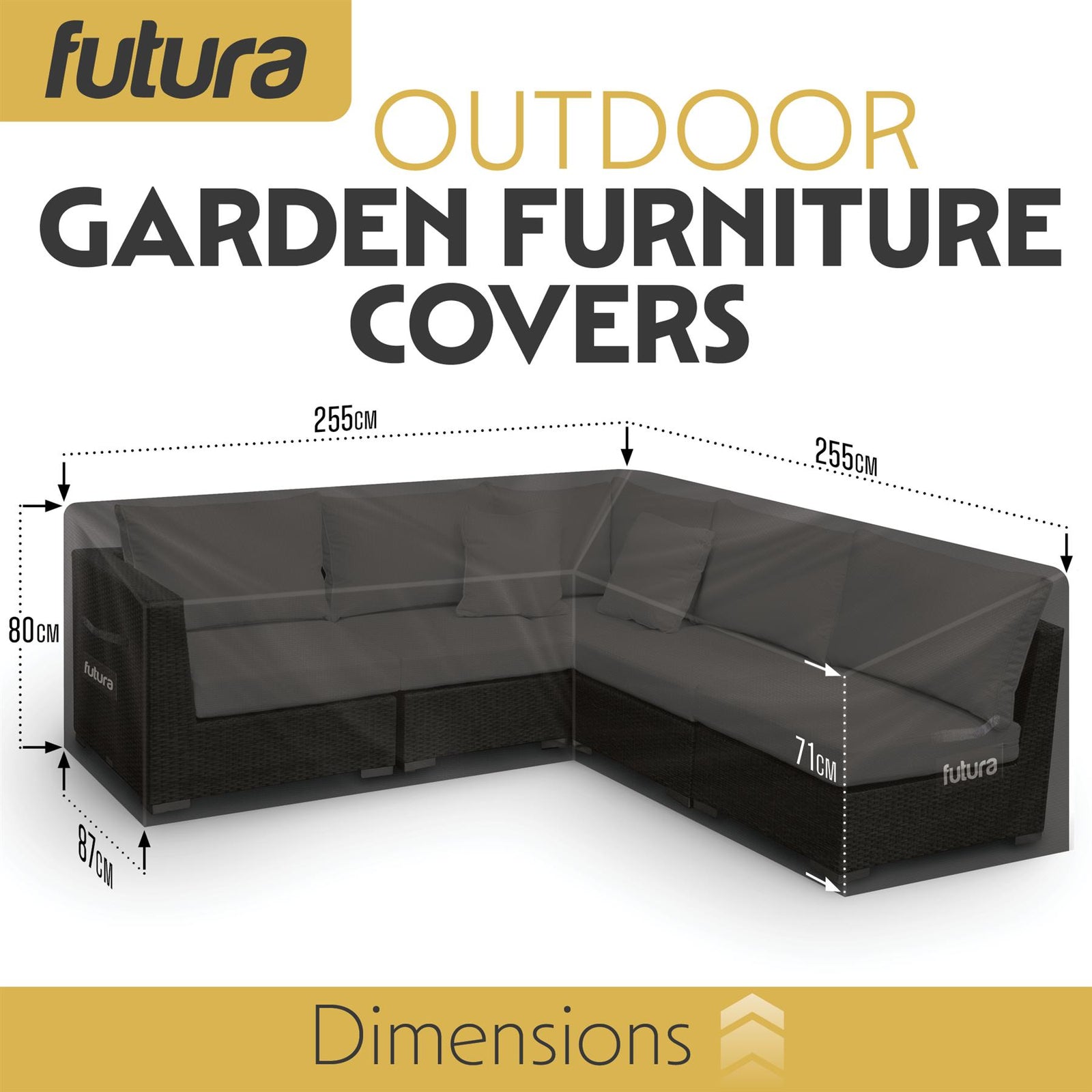 Premium L Shaped Waterproof Garden Furniture Cover, Outdoor Patio Weatherproof Rattan Sofa Guard | 255 x 255 x 80cm | Black