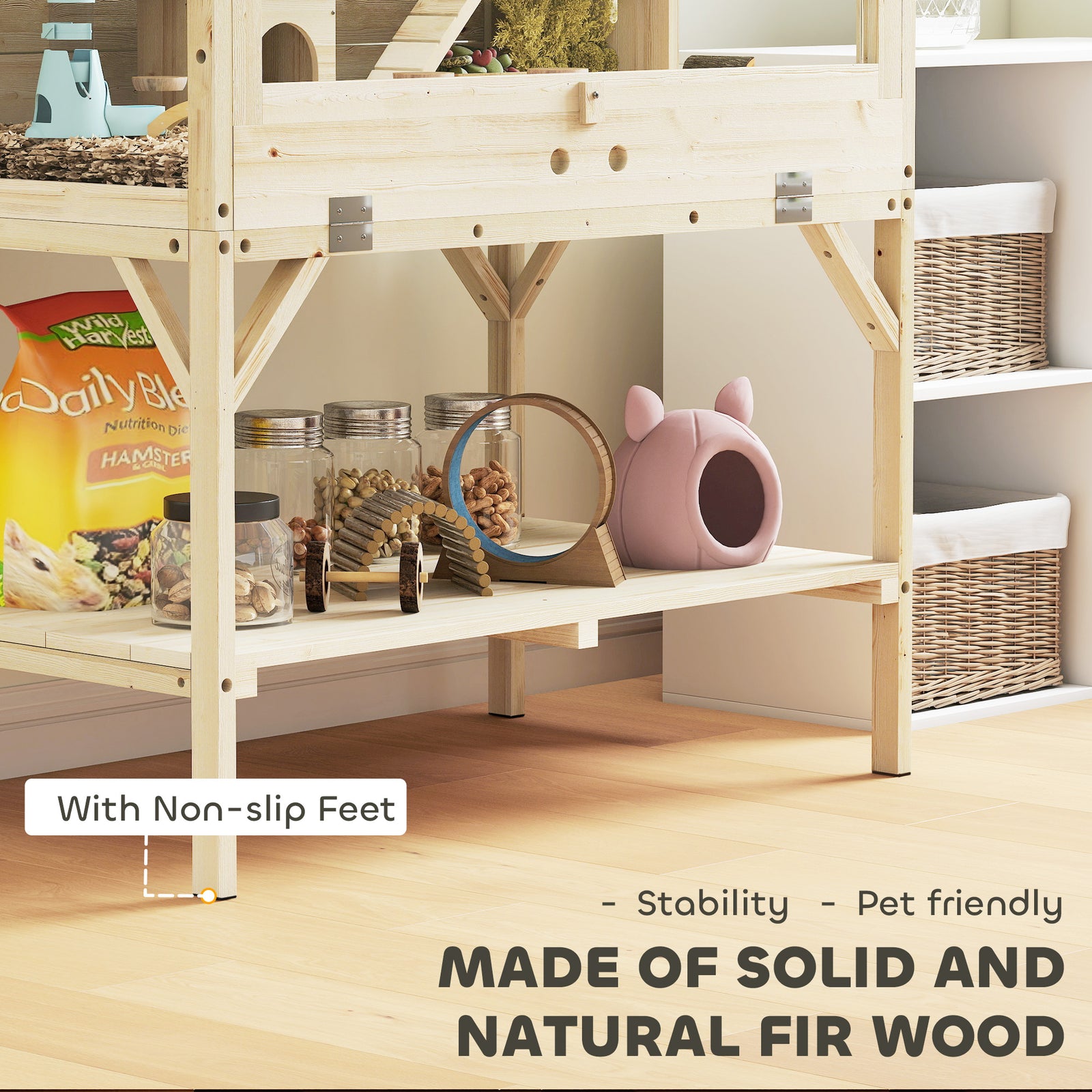 Wooden Hamster Cage, 2 Tier Hamster Habitat With Storage Shelf