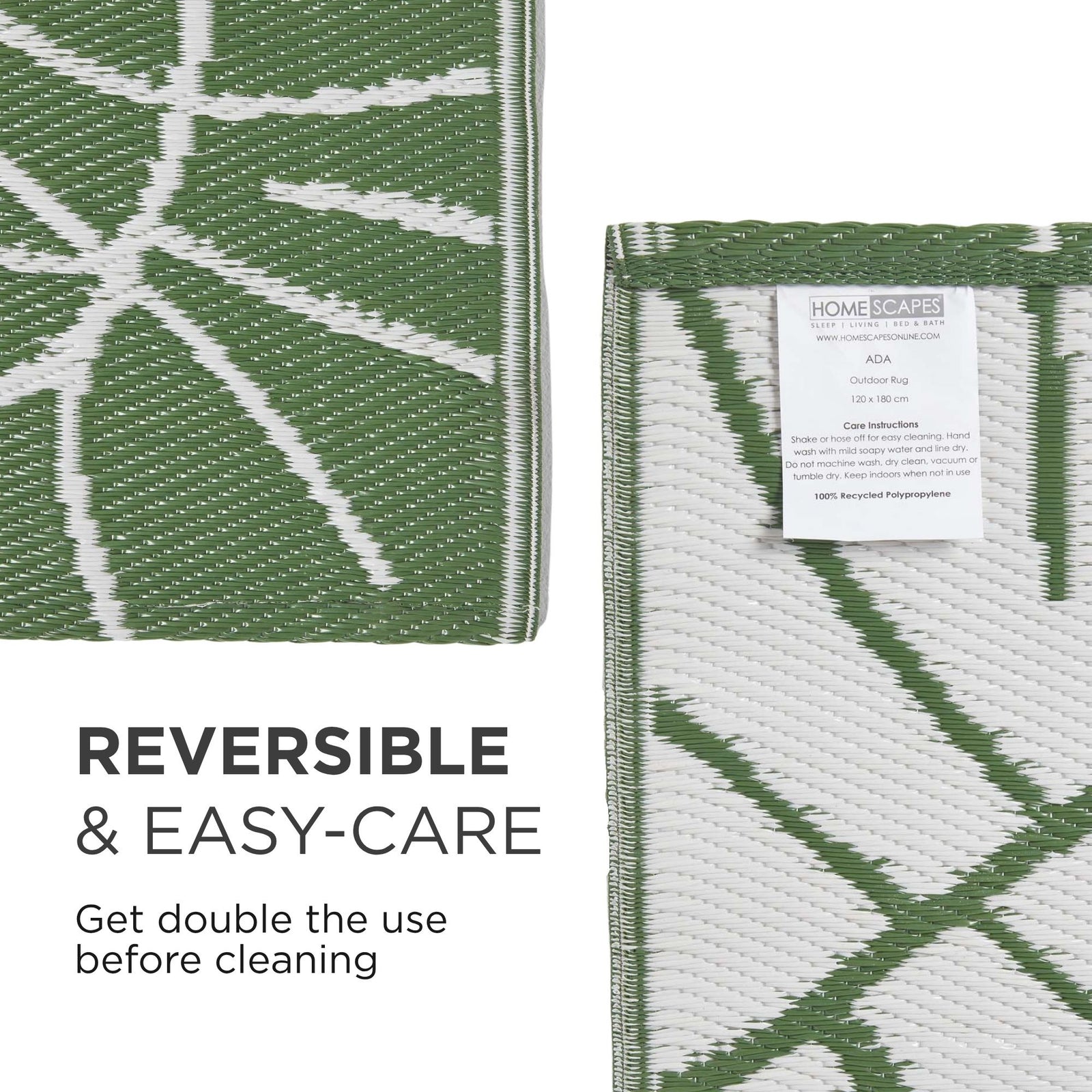 Luxury Outdoor Rug Waterproof Reversible For Garden Patio 100% Recycled, Green Ada Botanical | 180cm x 270cm | Green