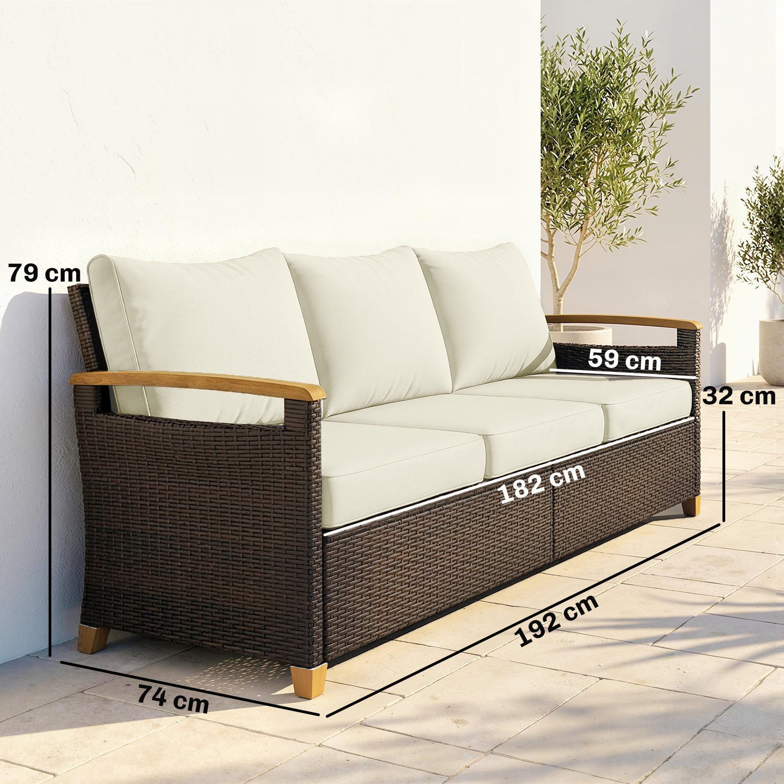3 Seater Rattan Garden Sofa With Cushioned Wide Seats | Brown
