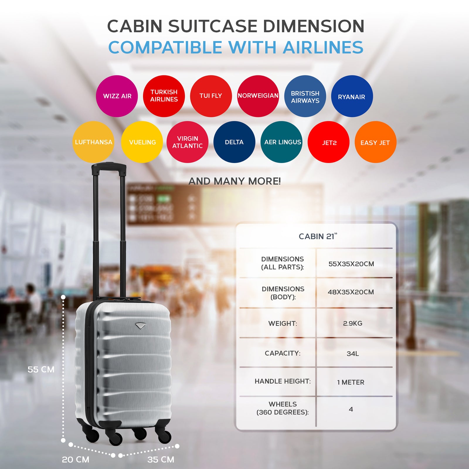 55x35x20cm Cabin Carry On Suitcase Hard Shell Overhead Luggage 100+ Airlines Approved | Cabin | Metallic