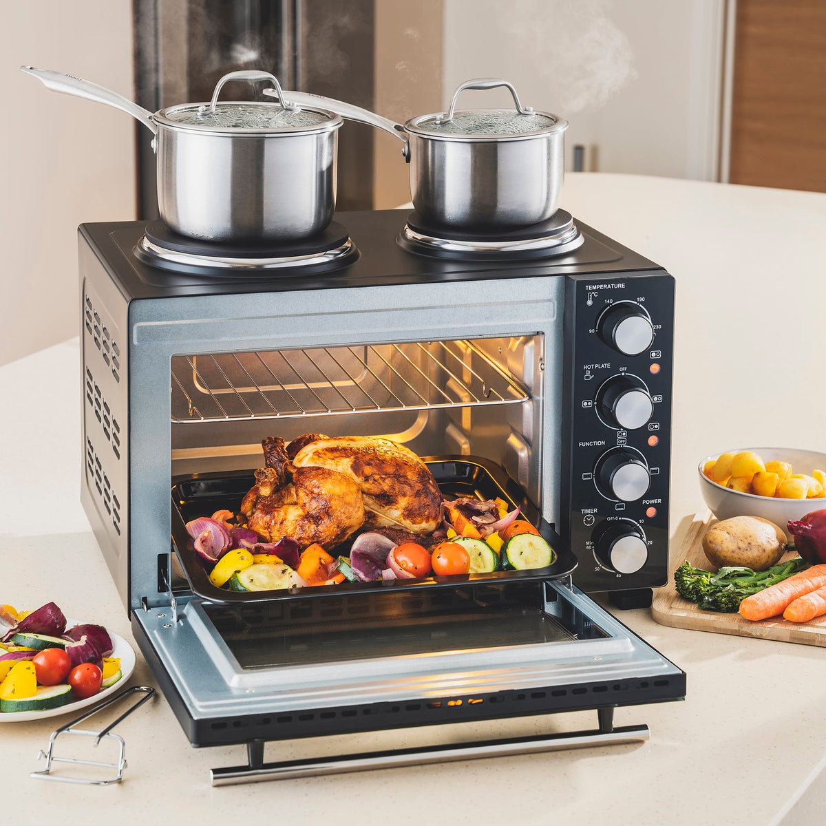 28l Mini Oven With 2 Hobs - Electric Countertop Cooker | 28l | Black & Silver