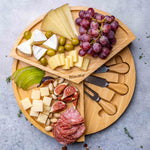 BlauKe Bamboo Cheese Board And Cheese Tool Set - 37cm Round Charcuterie Board With Slide-out Drawer - Wooden Cheese Board Gift Set