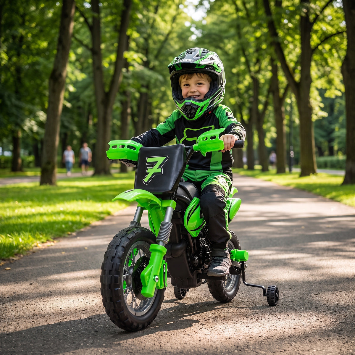 12v Kids Electric Motorbike With Dual Motors Training Wheels | Green