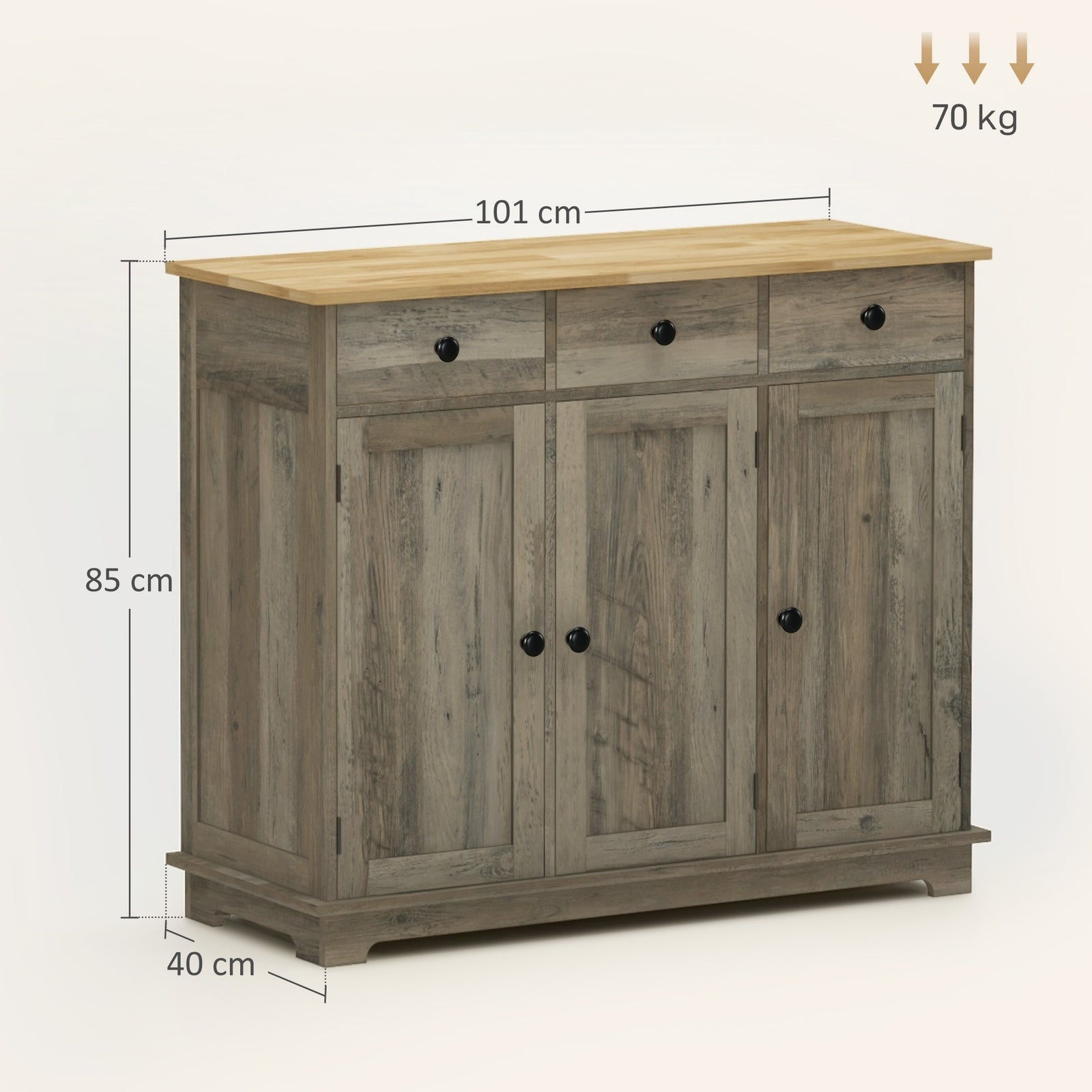Sideboard Buffet Cabinet With Rubber Wood Top And Drawers | Grey