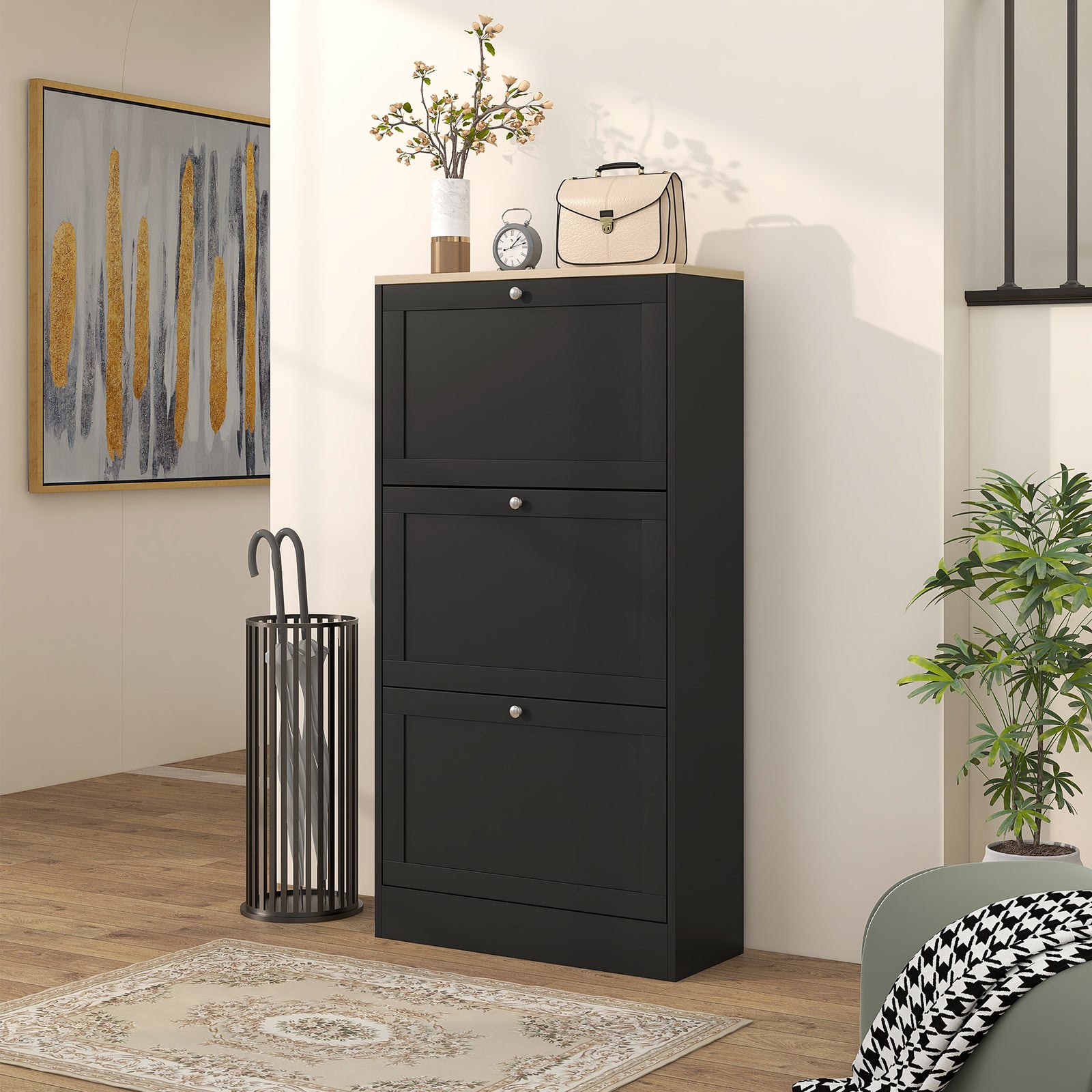 Slim Shoe Cabinet, 3 Flip Drawers Black