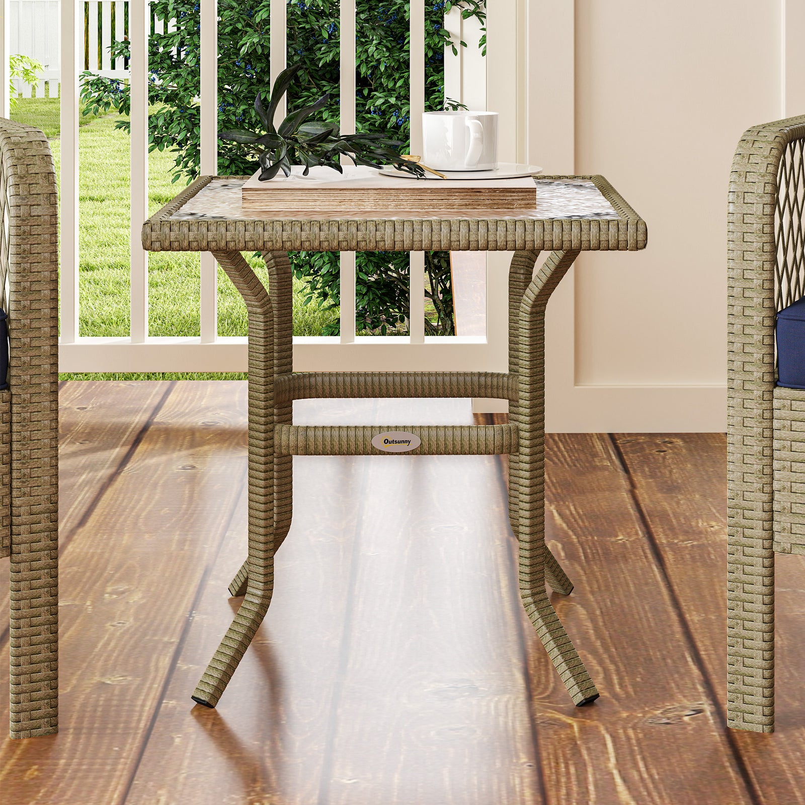 3 Piece Rattan Bistro Set, Glass Top Table And Chairs | Charcoal Gray