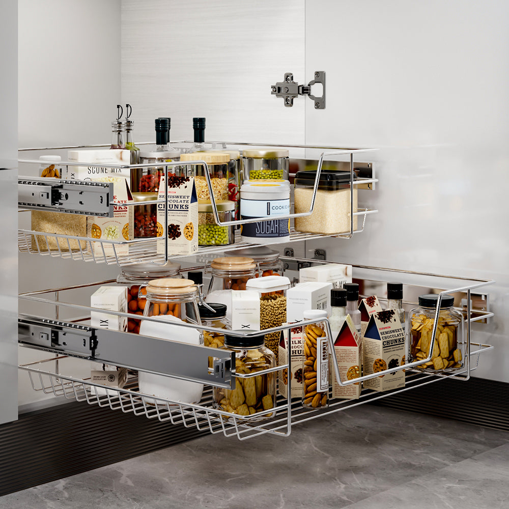 2 Pcs Metal Sliding Kitchen Cabinet Pull Out Wire Basket Organizer