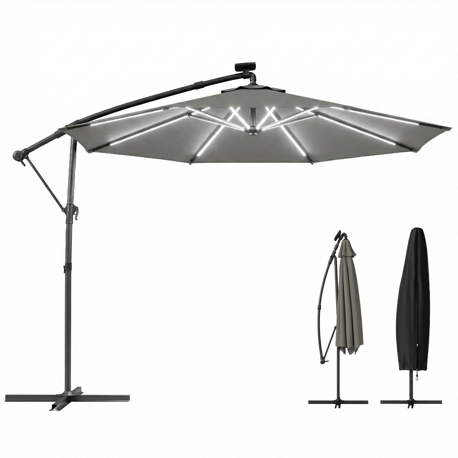 3 M Garden Cantilever Parasol With Solar Light, Rotation | Grey