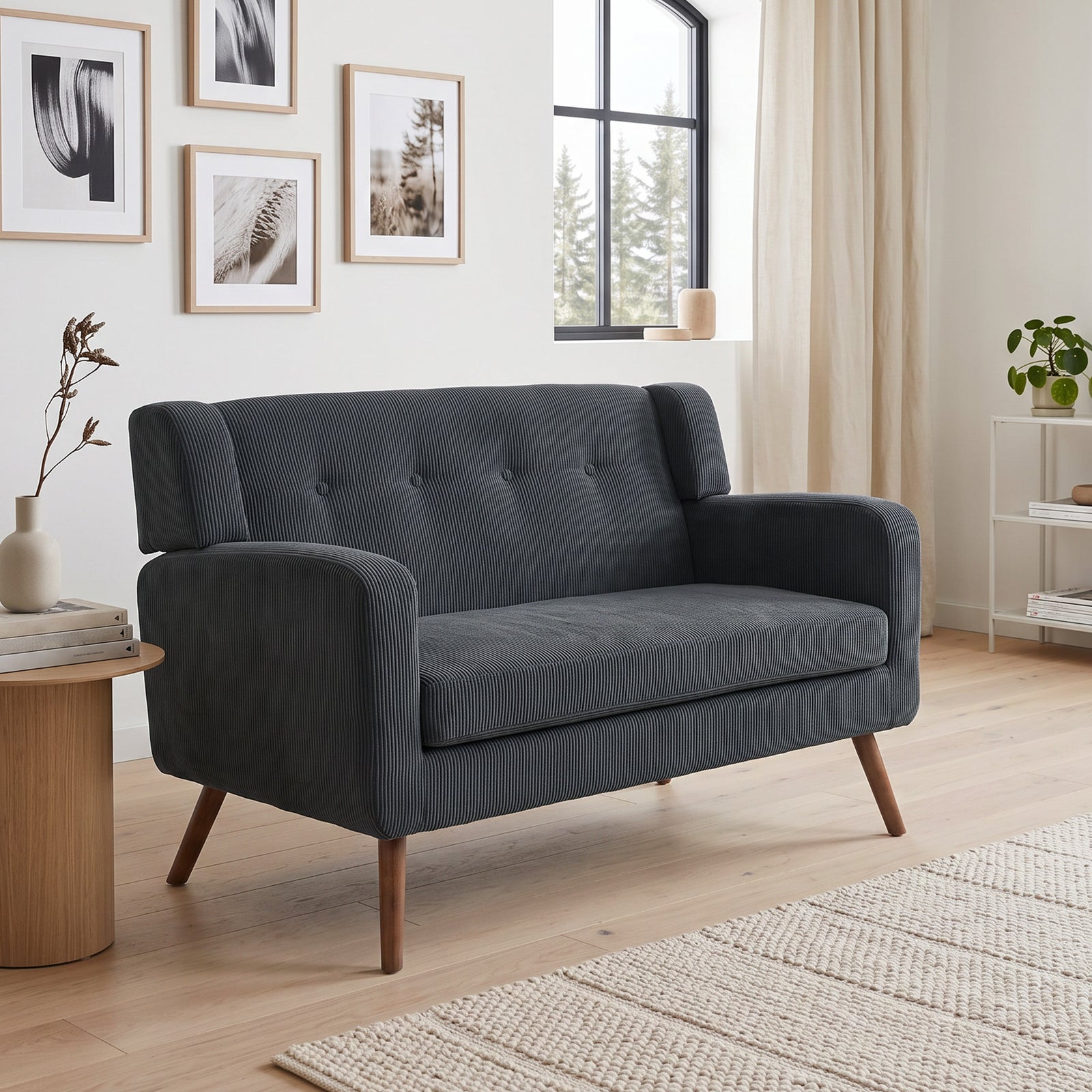 2 Seater Sofa, 118 Cm Corduroy Small Loveseat Sofa | Dark Grey