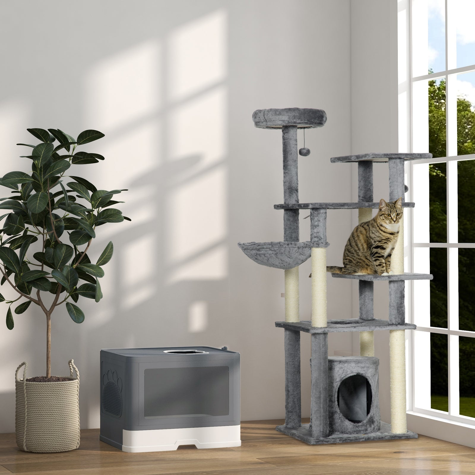 Cat Litter Tray W/ Lid, Front Entry Top Exit - Grey