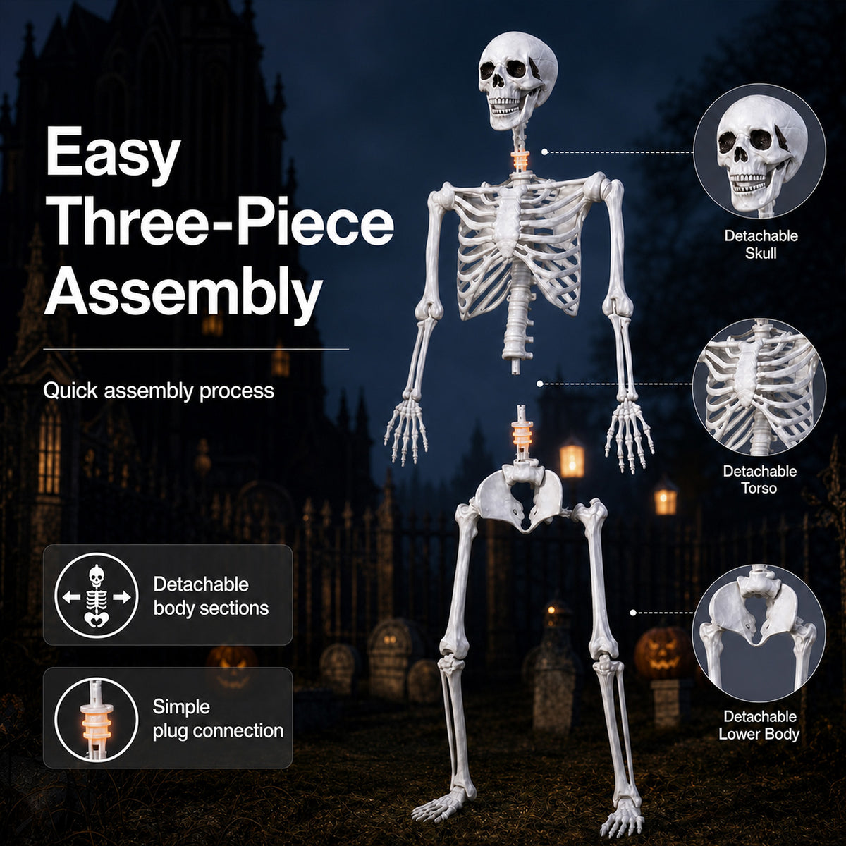Yezi Halloween Skeleton Life Size 185cm Posable Joints Haunted House Patio White