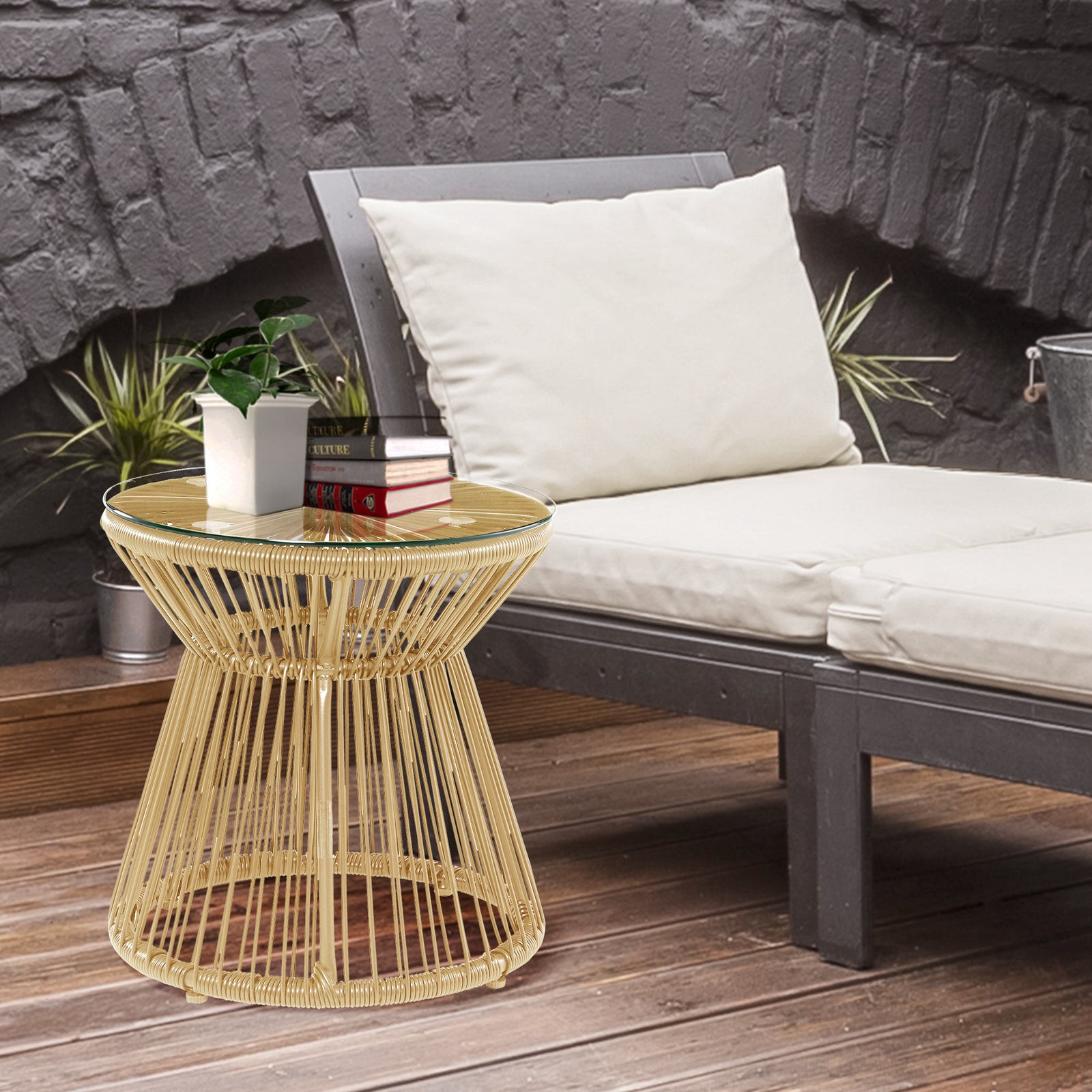 Pe Rattan End Table, Round Side Table, Tempered Glass Top