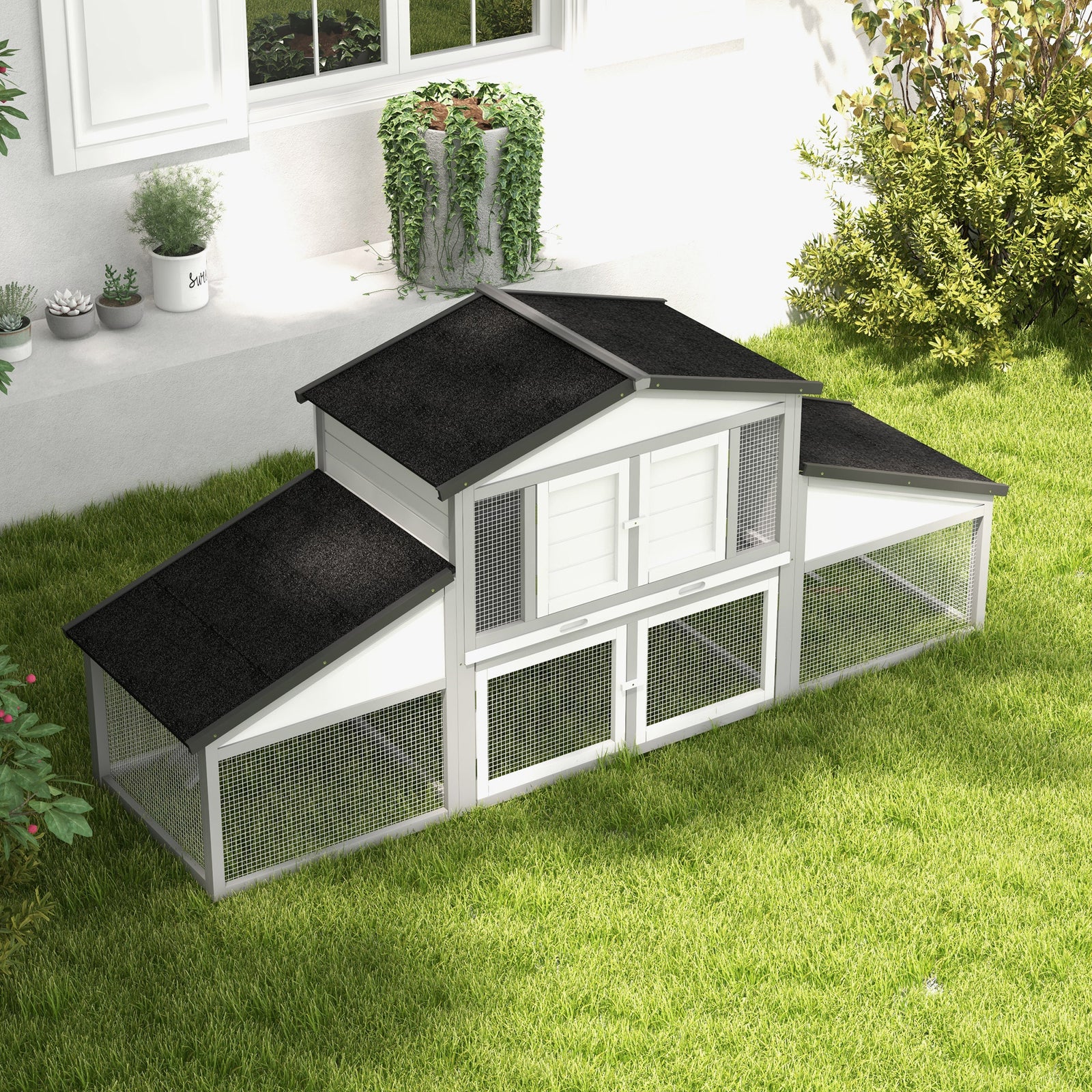 Large Rabbit Hutch With Run, Tray, Ramp, Wooden Guinea Pig House, Grey