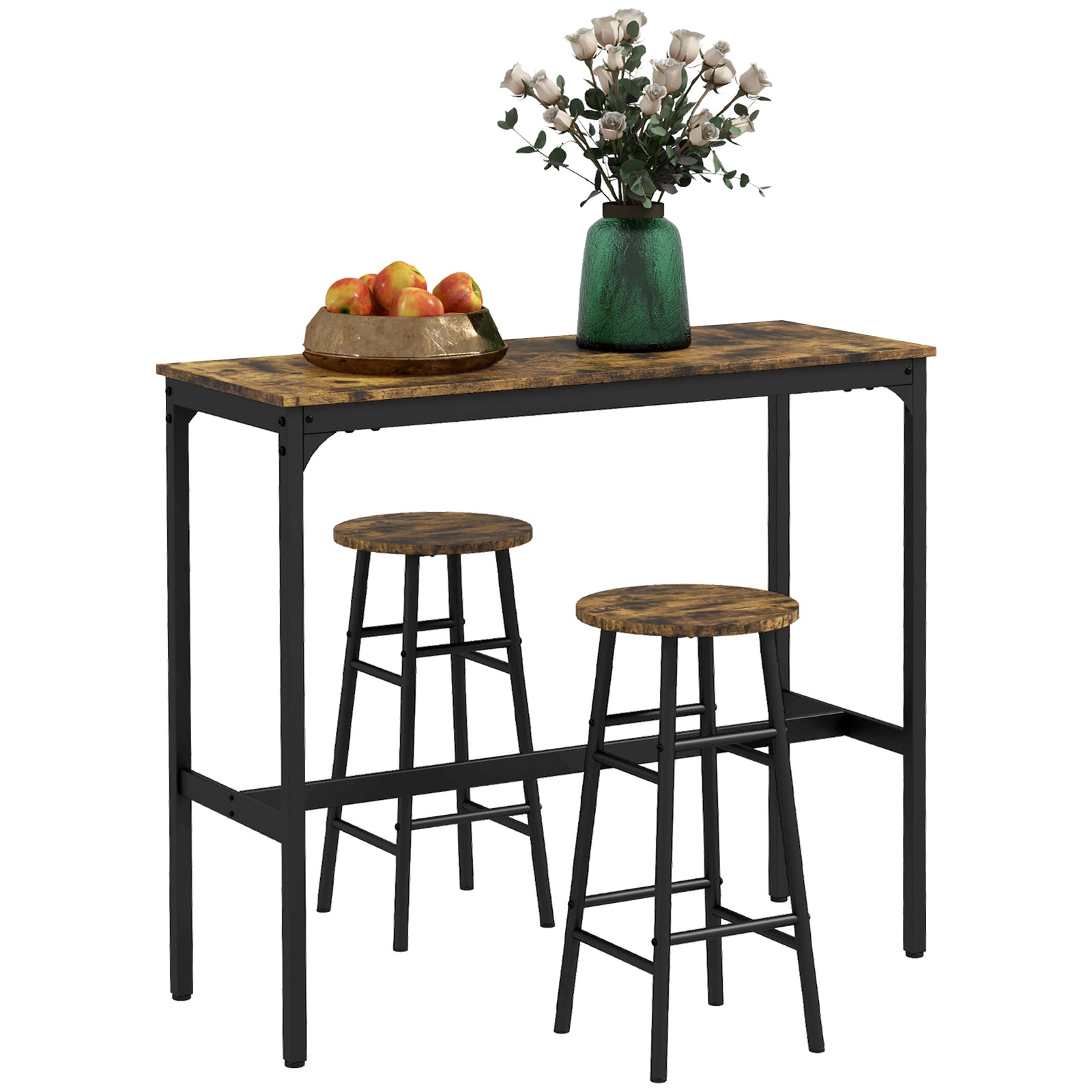 3 Piece Bar Set, Industrial Kitchen And Chair Set | Rustic Brown