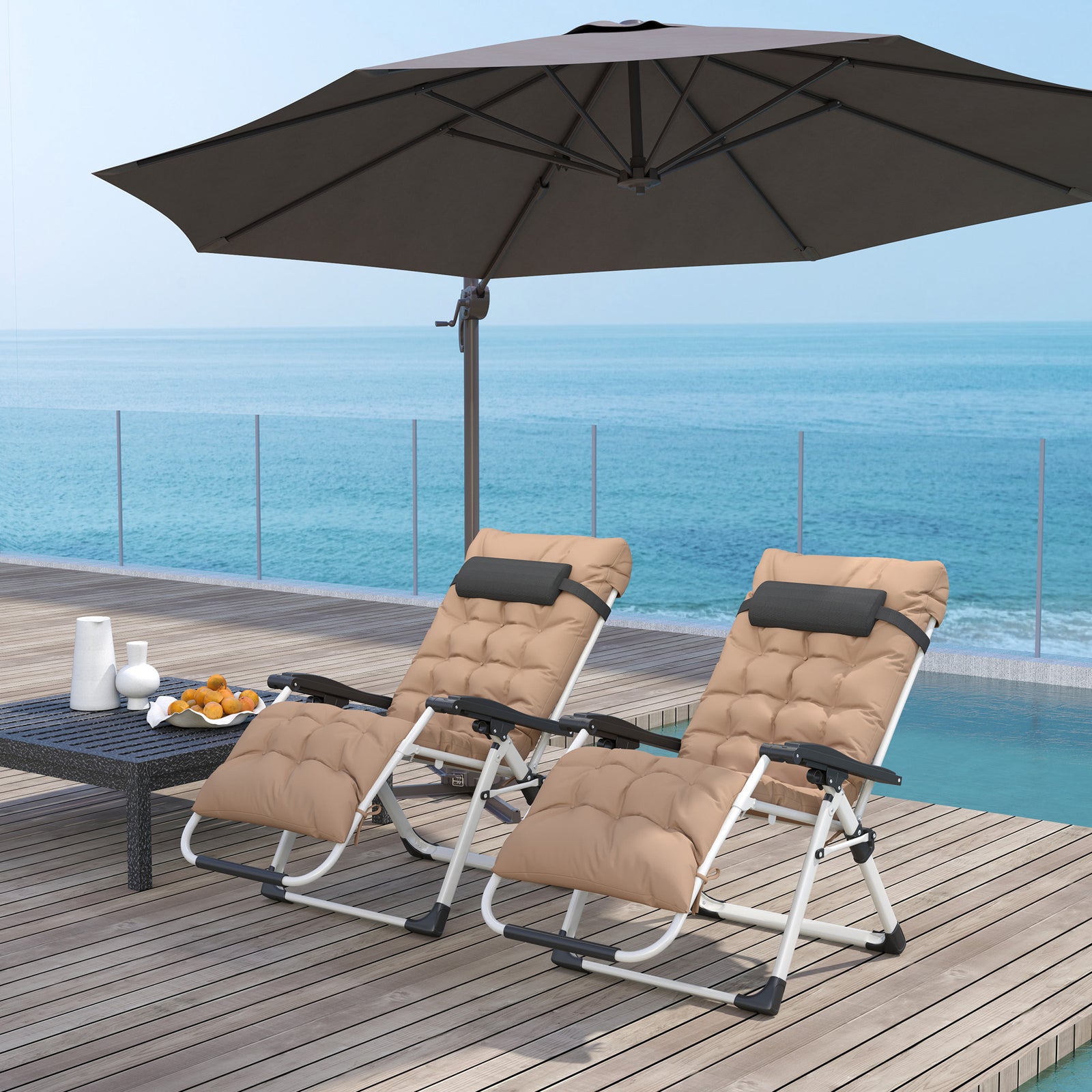 2 Pcs Reclining Zero Gravity Chair Folding Lounger Cushion | Khaki