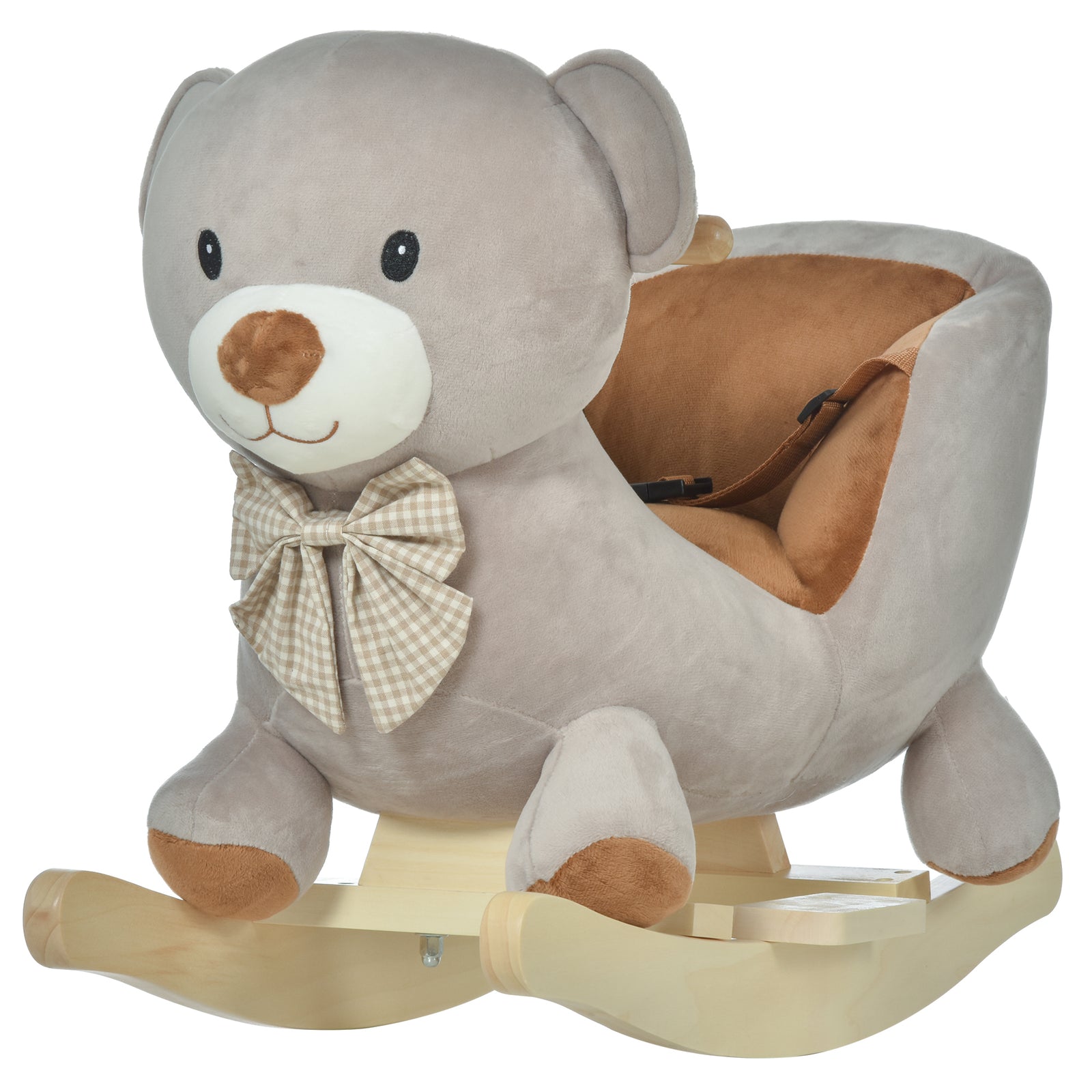 Kids Rocking Bear Plush Ride On Seat W/ Sound Button Wood Base Seat Belt