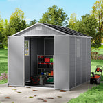 Outdoor Plastic Tool Shed With Apex Roof & Floor, Double Doors, Ventilation & Window, Lockable Backyard Storage House | 8x8ft | Grey