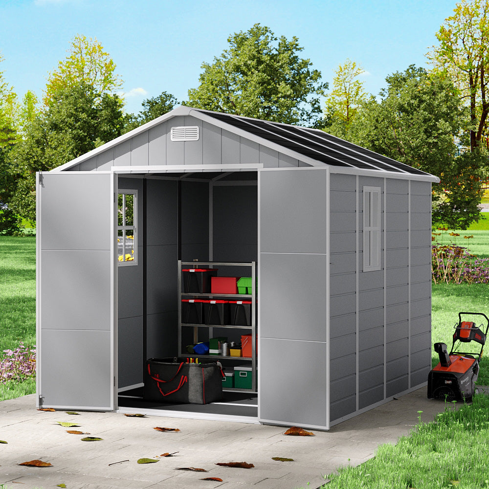 Outdoor Plastic Tool Shed With Apex Roof & Floor, Double Doors, Ventilation & Window, Lockable Backyard Storage House | 8x8ft | Grey