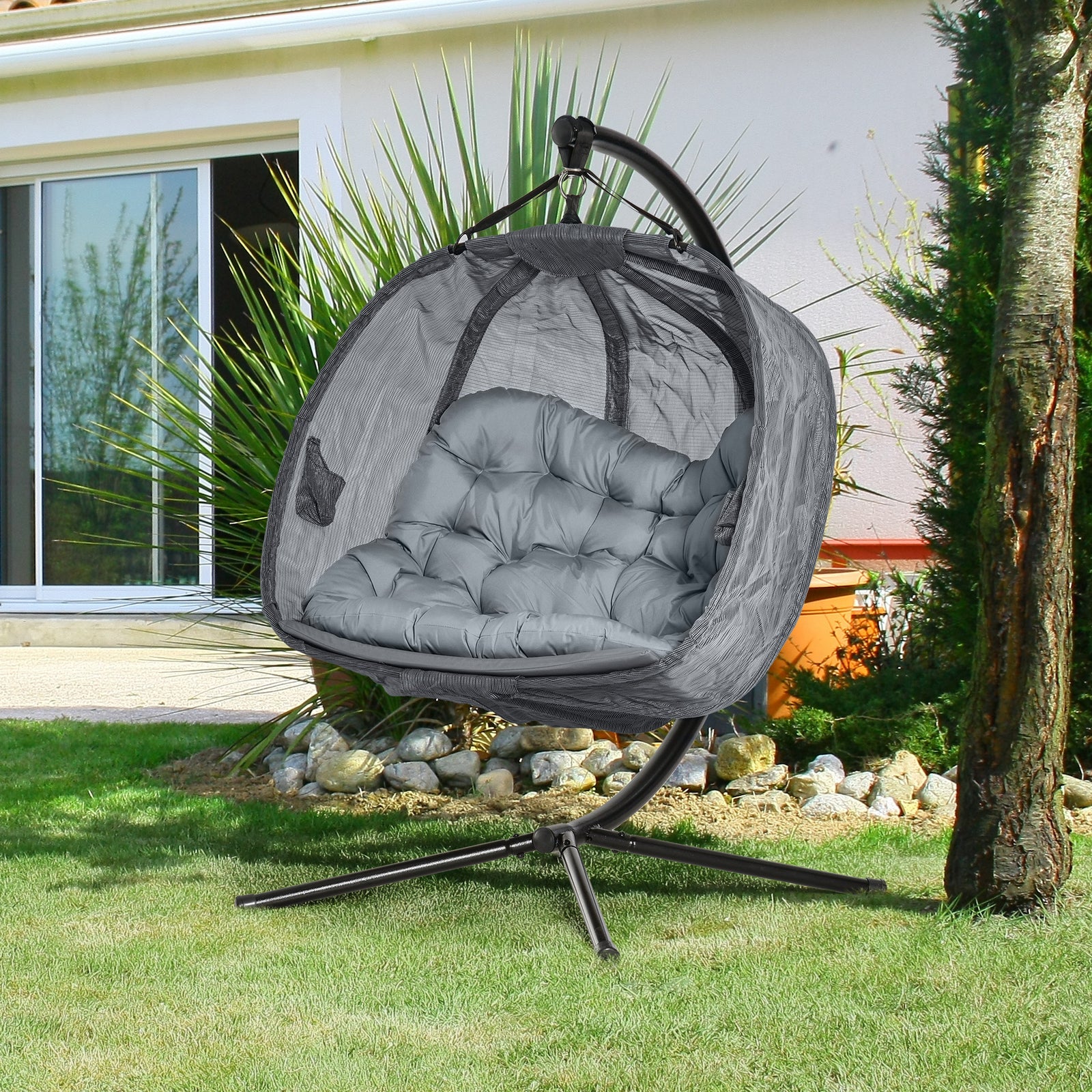 2 Seaters Textlin Swing Hammock W/ Cushion & Fold Design | Grey