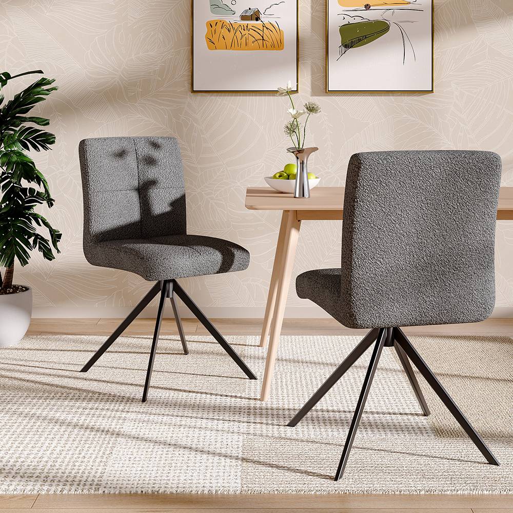 Set Of 2 Teddy Fleece Bar Stools With High Back And Black Metal Legs – Modern Armless Breakfast Chairs | Grey