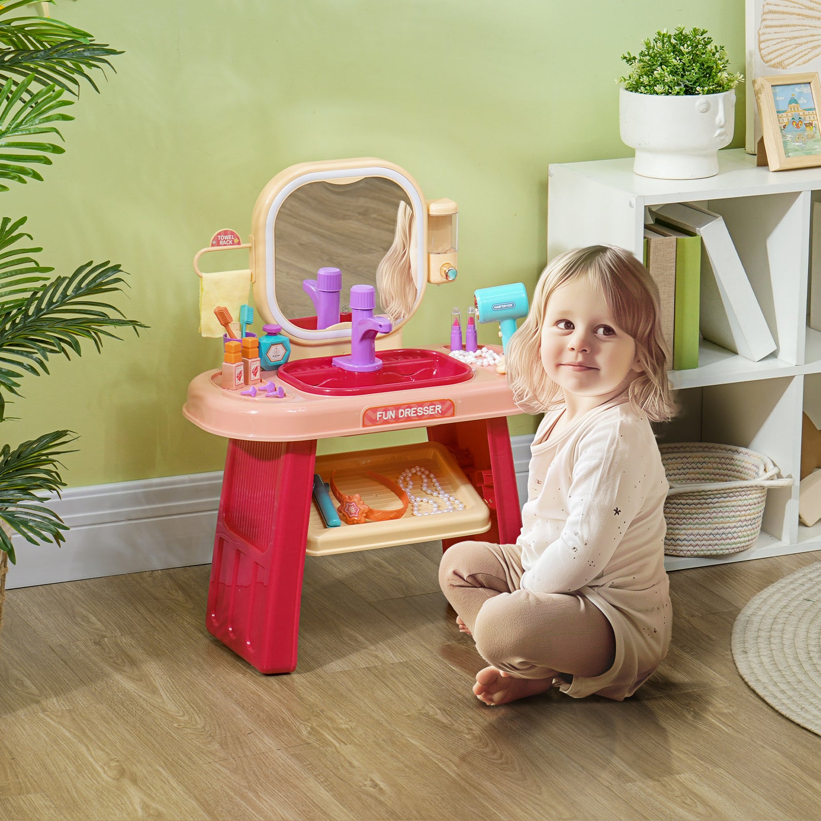 Kids Dressing Table W/ Mirror, Led Light, Music, 23 Accessories