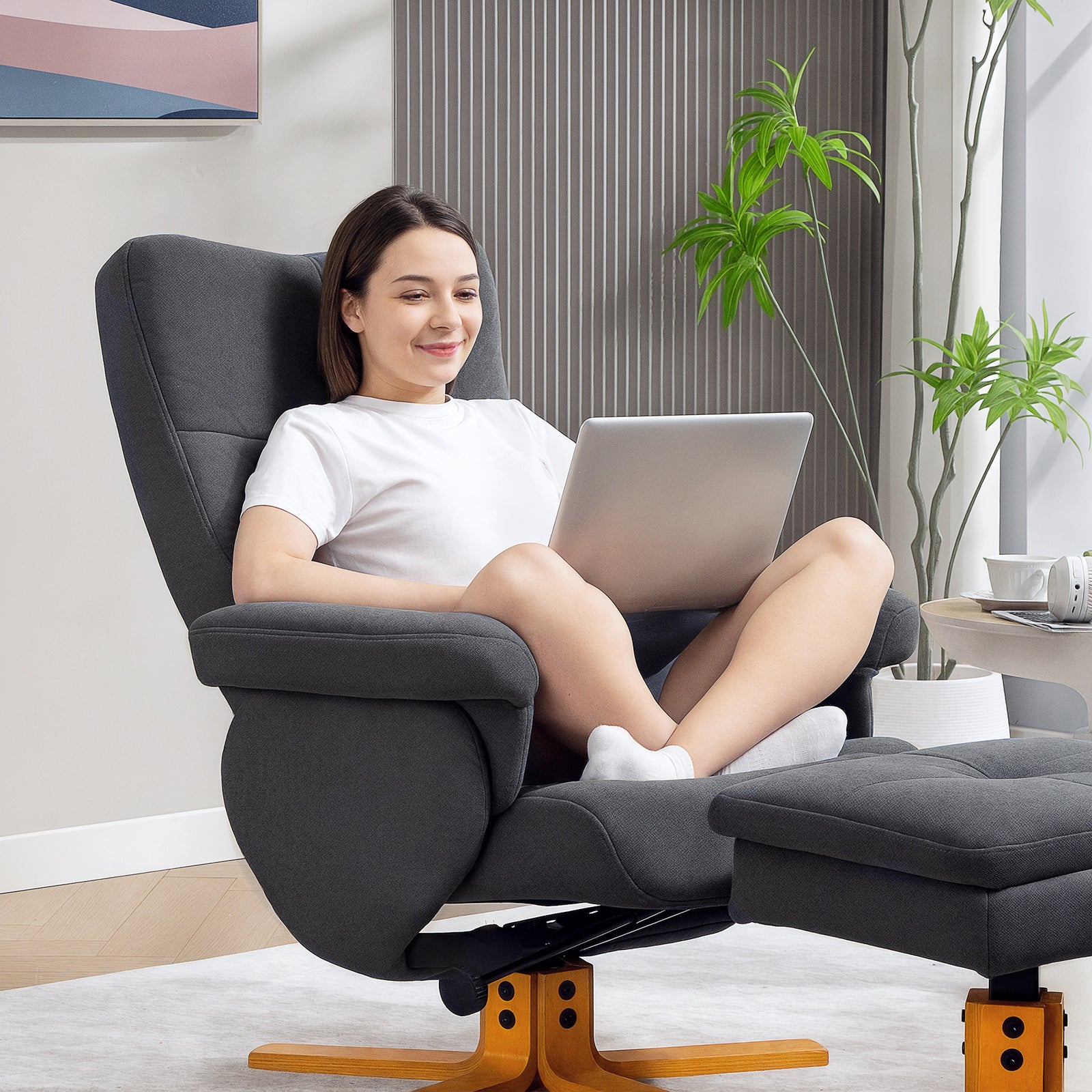 HOMCOM Linen Recliner Chair And Footstool Wooden Base Grey