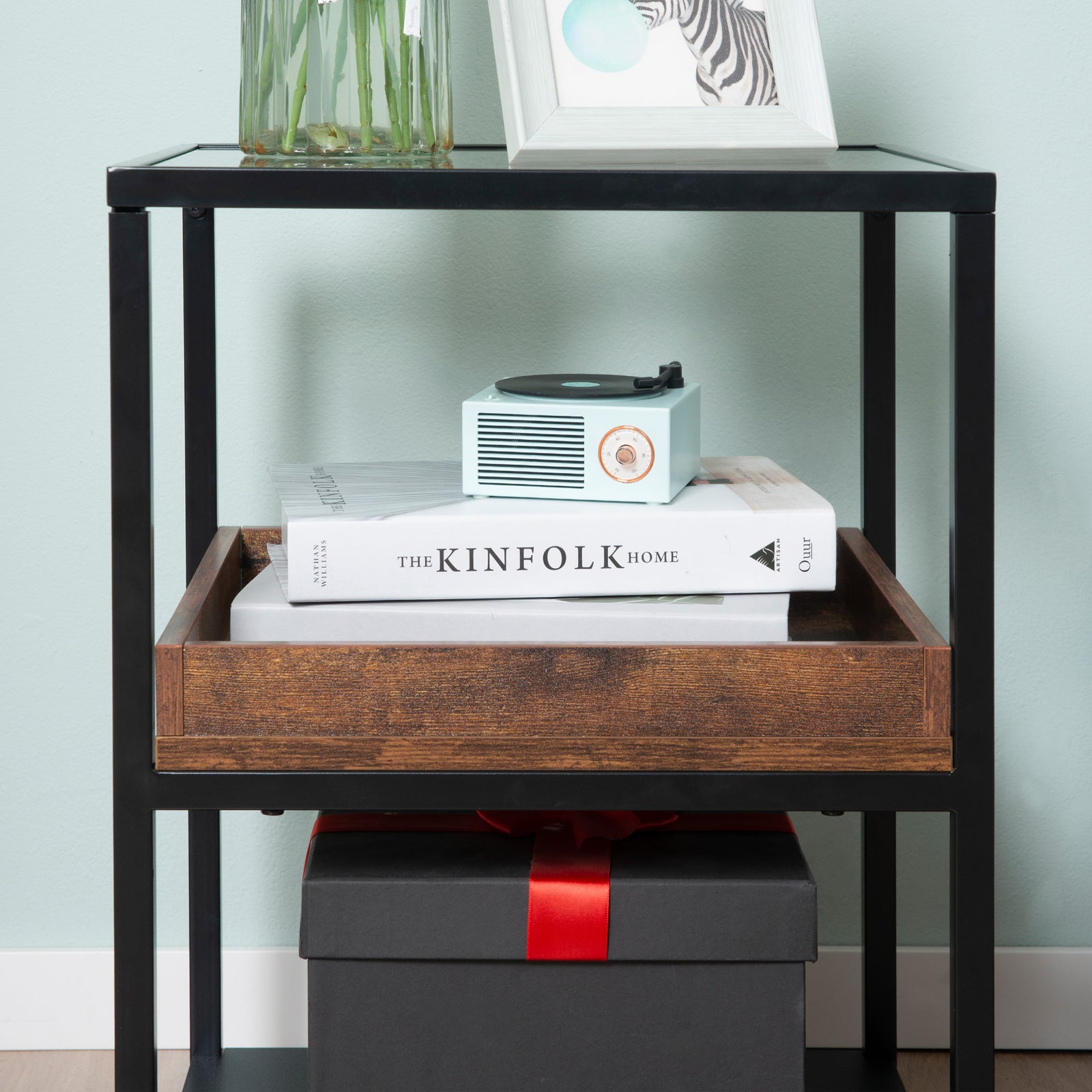 Industrial Side Table W/ 3-tier Storage Shelves | Brown