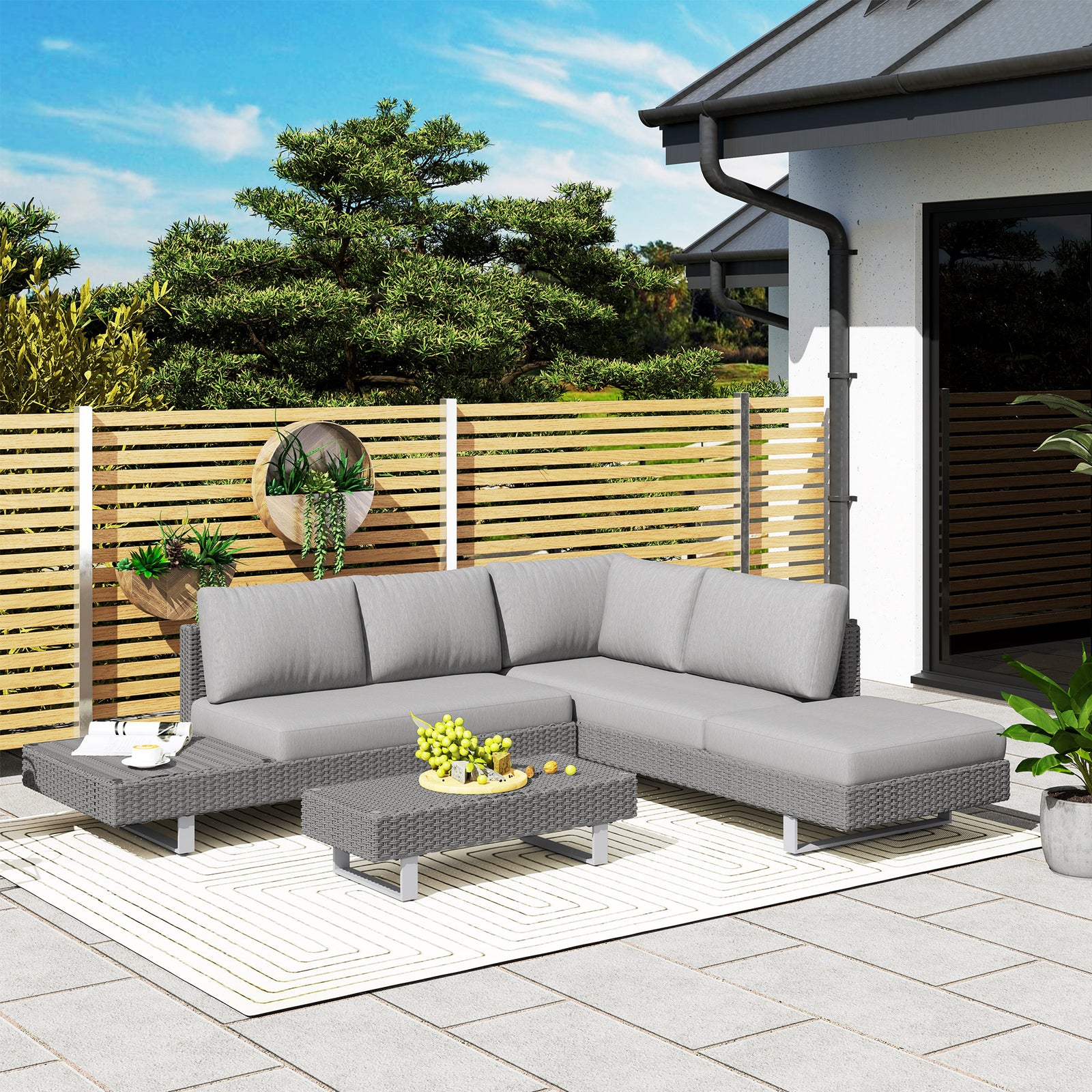 3pc Rattan Wicker Sofa Set With Tea Table & Cushions