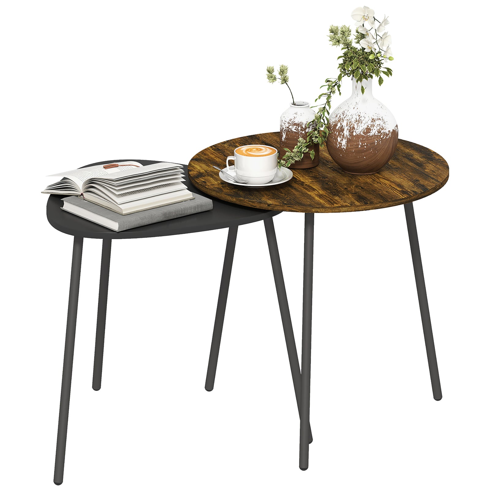 HOMCOM Set Of 2 Nesting Side Table With Metal Frame, Rustic Brown