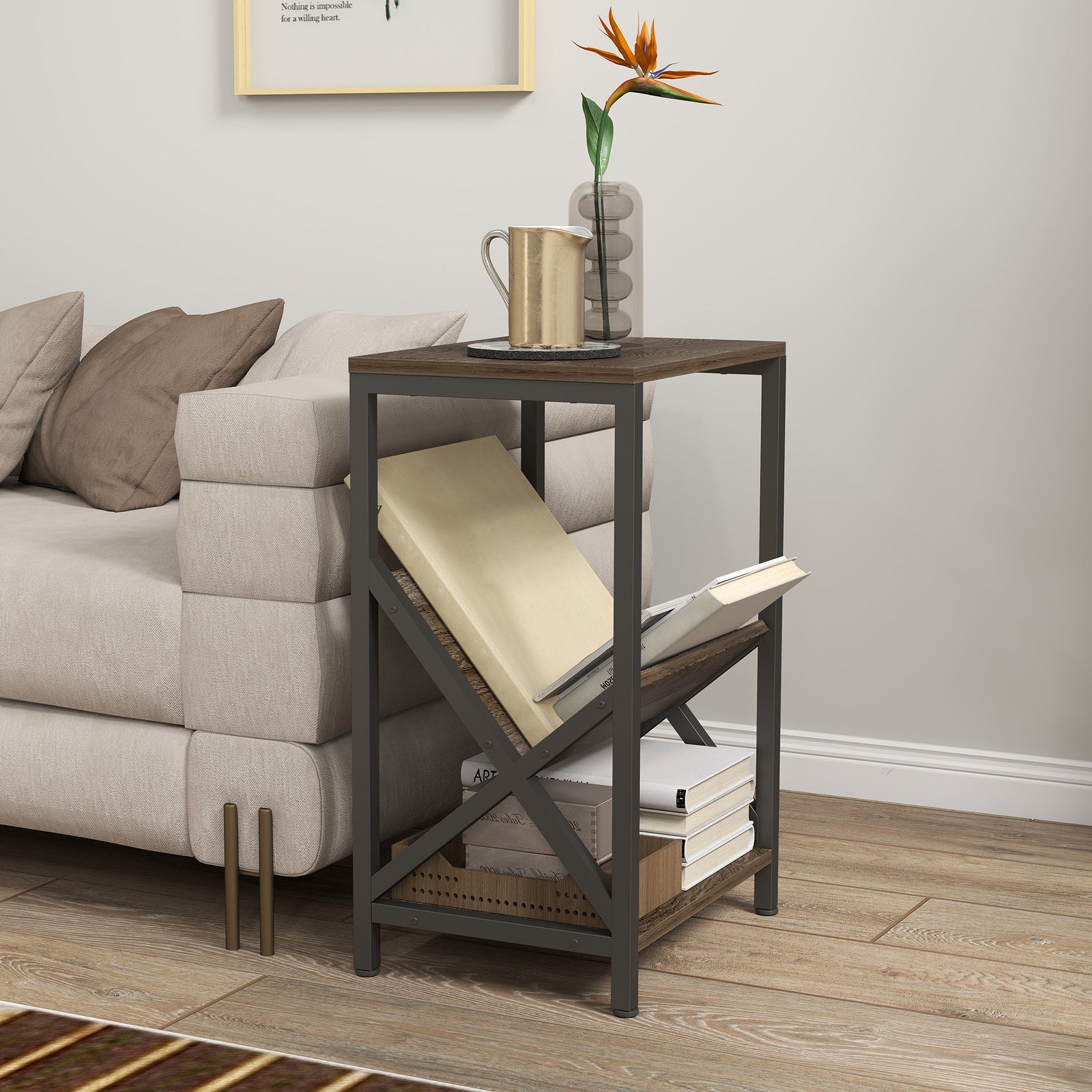 HOMCOM Narrow Side Table, Slim with 3-Tier Storage, 40 x 30 x 61 cm, Oak