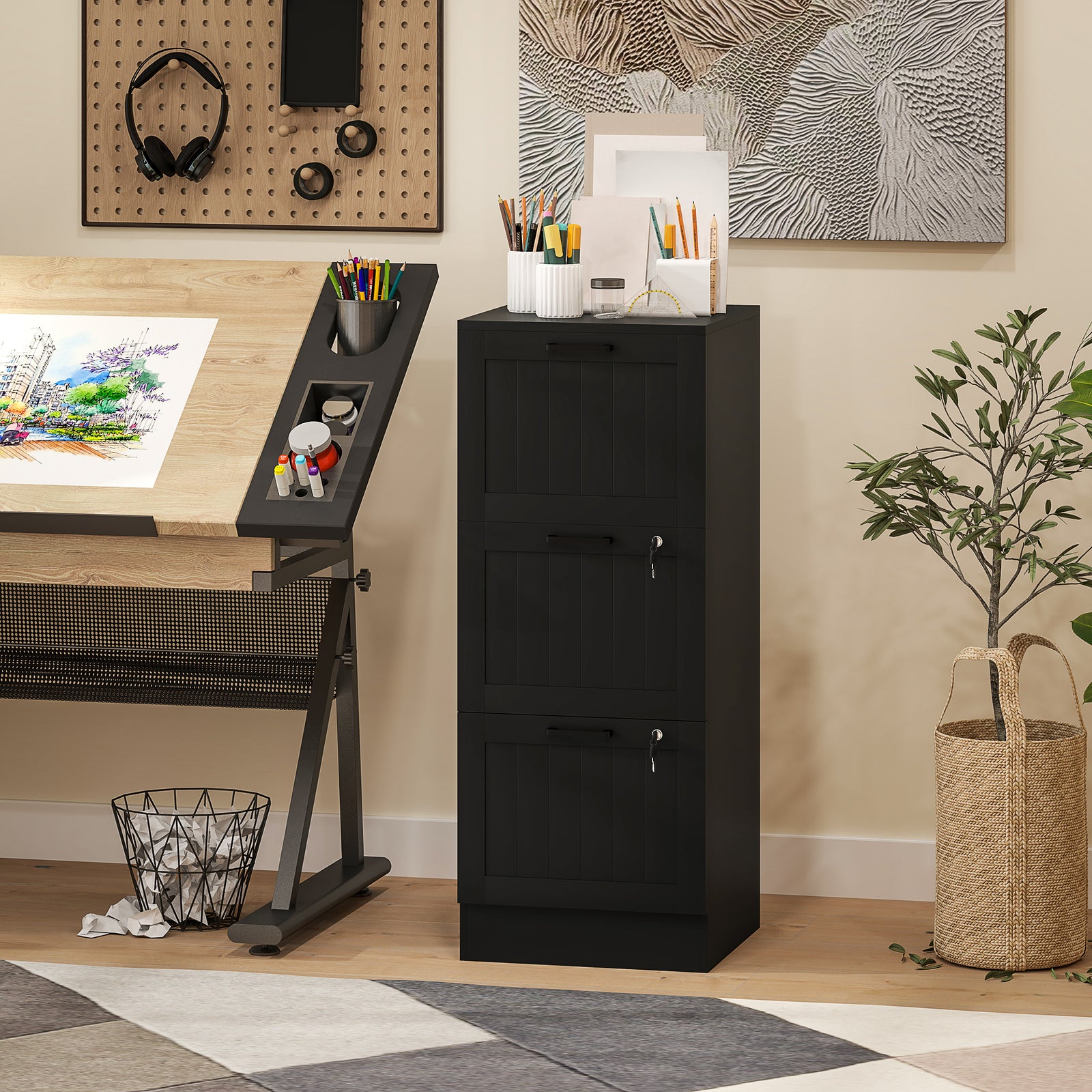 3 Drawer File Cabinet With Lock And Adjustable Hanging Bars | Black