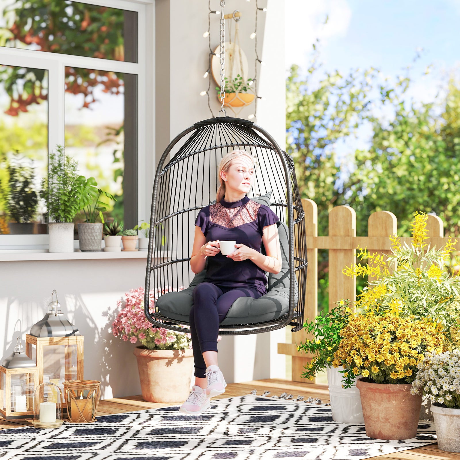 Rattan Egg Chair W/ Installation Kit, Outdoor Swing Chair
