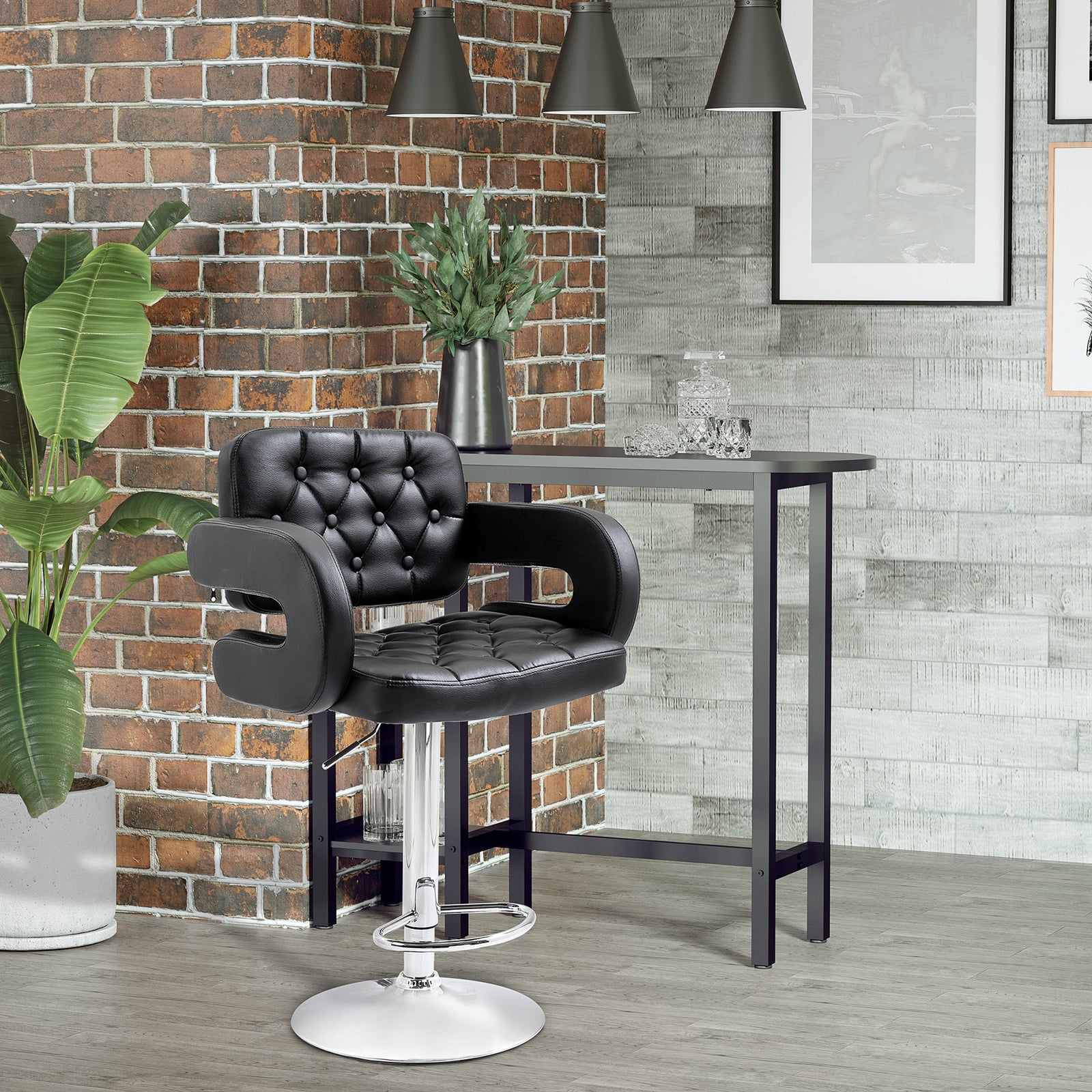 Adjustable Height Barstool Steel Pole Pu Leather | Black