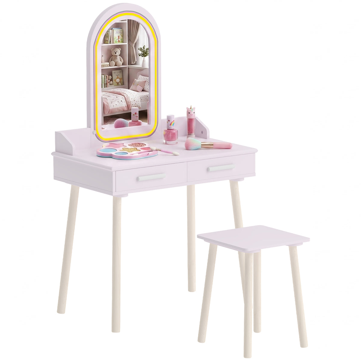 AIYAPLAY Kids Dressing Table With Stool, 3-colour Led Lights Mirror, Drawer