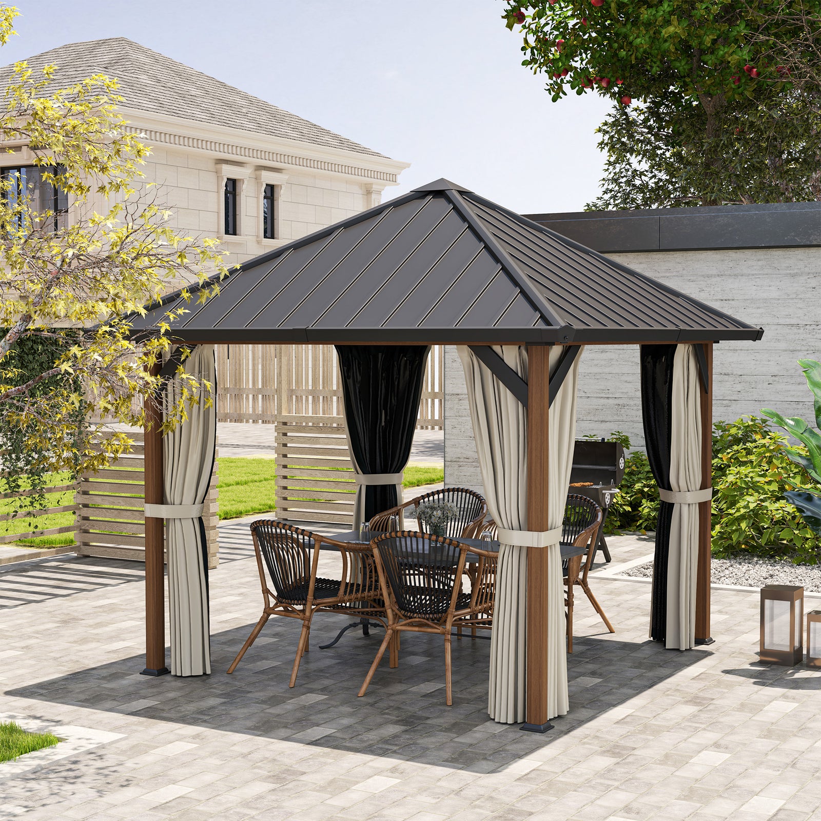 3 X 3(m) Metal Hardtop Gazebo With Netting And Curtains | Brown