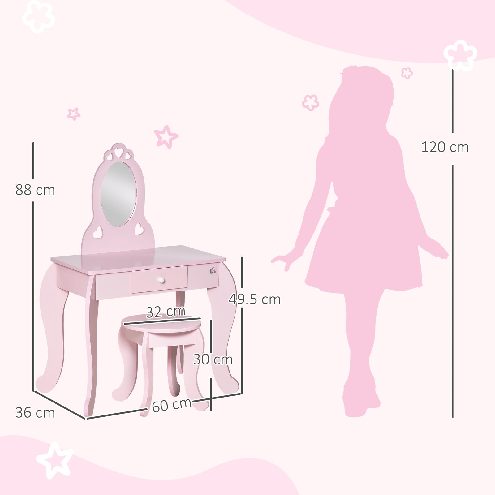 Kids Vanity Table & Stool Girls Dressing Set Make Up Desk With Mirror Pink