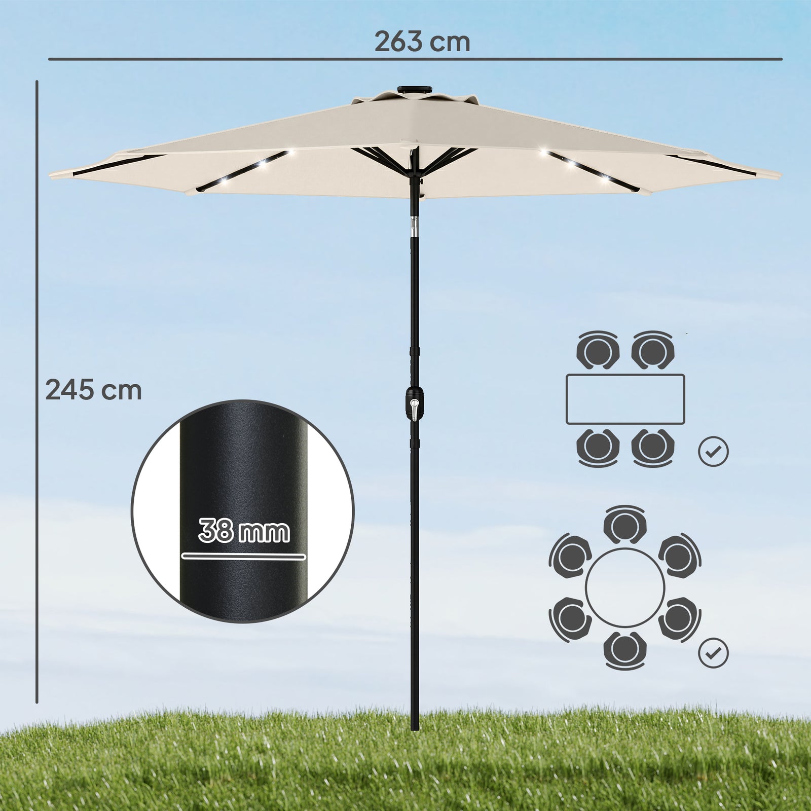 2.6 M Garden Parasol Umbrella With Light, Outdoor Patio Umbrella | Cream