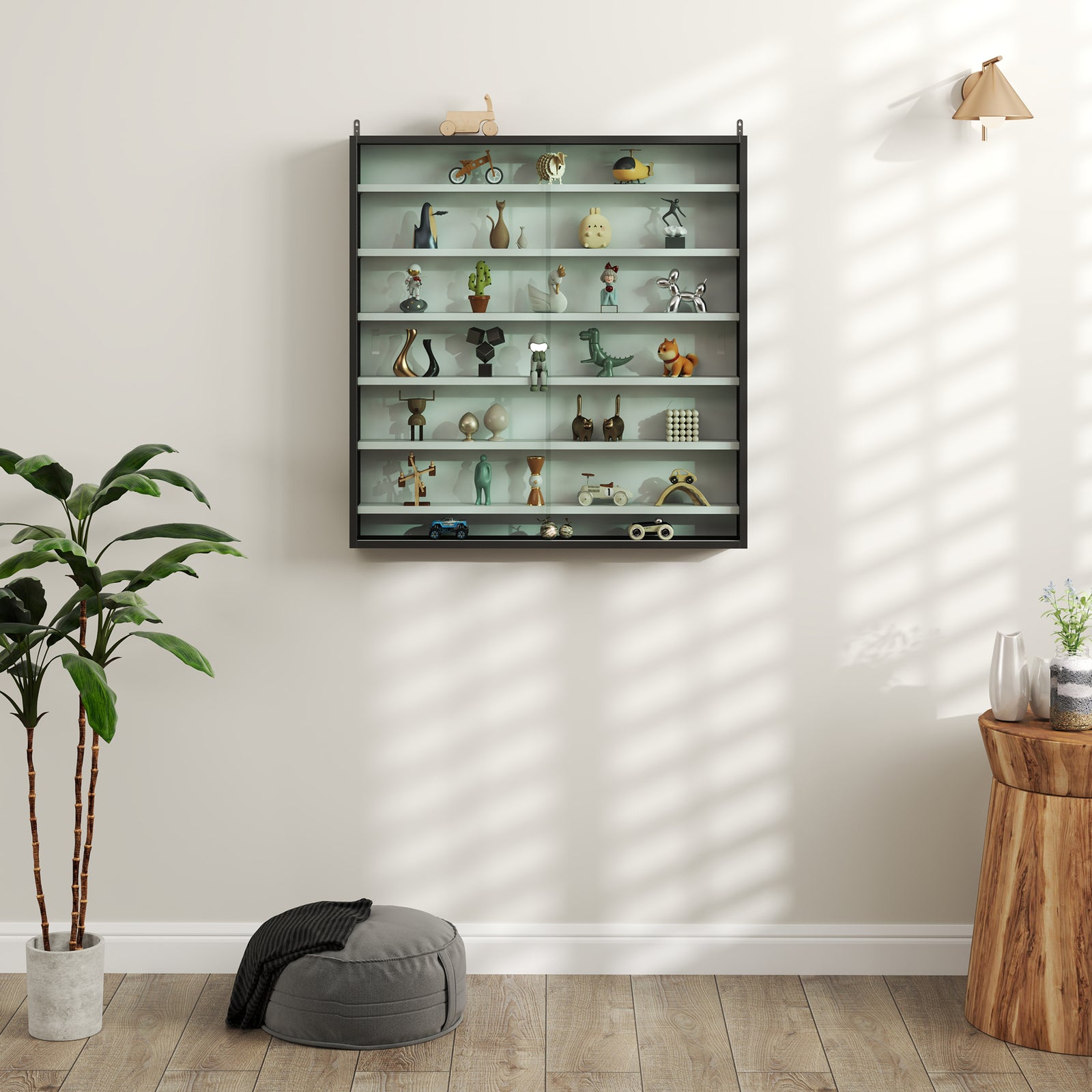7-tier Wall Display Cabinet W/ Shelves Glass Doors | Gray